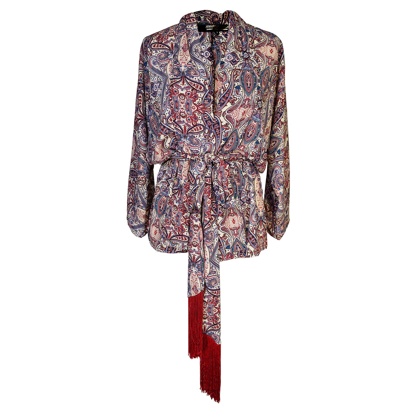 jennafer grace Olympia Paisley dolman palazzo set silky beige georgette with red blue paisley print matching co-ord coord set wrap blouse top with tasseled belt and palazzo pant with pockets and elastic waist boho bohemian hippie romantic whimsical glamorous pajamas pjs glam lounge wear handmade in california usa