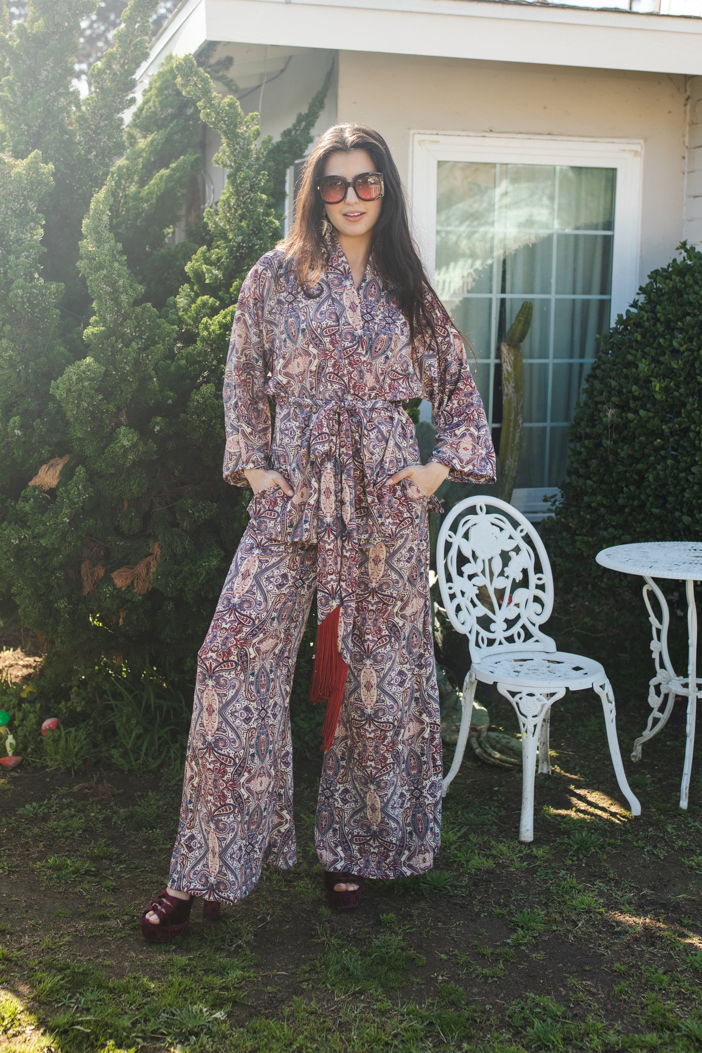 jennafer grace Olympia Paisley dolman palazzo set silky beige georgette with red blue paisley print matching co-ord coord set wrap blouse top with tasseled belt and palazzo pant with pockets and elastic waist boho bohemian hippie romantic whimsical glamorous pajamas pjs glam lounge wear handmade in california usa