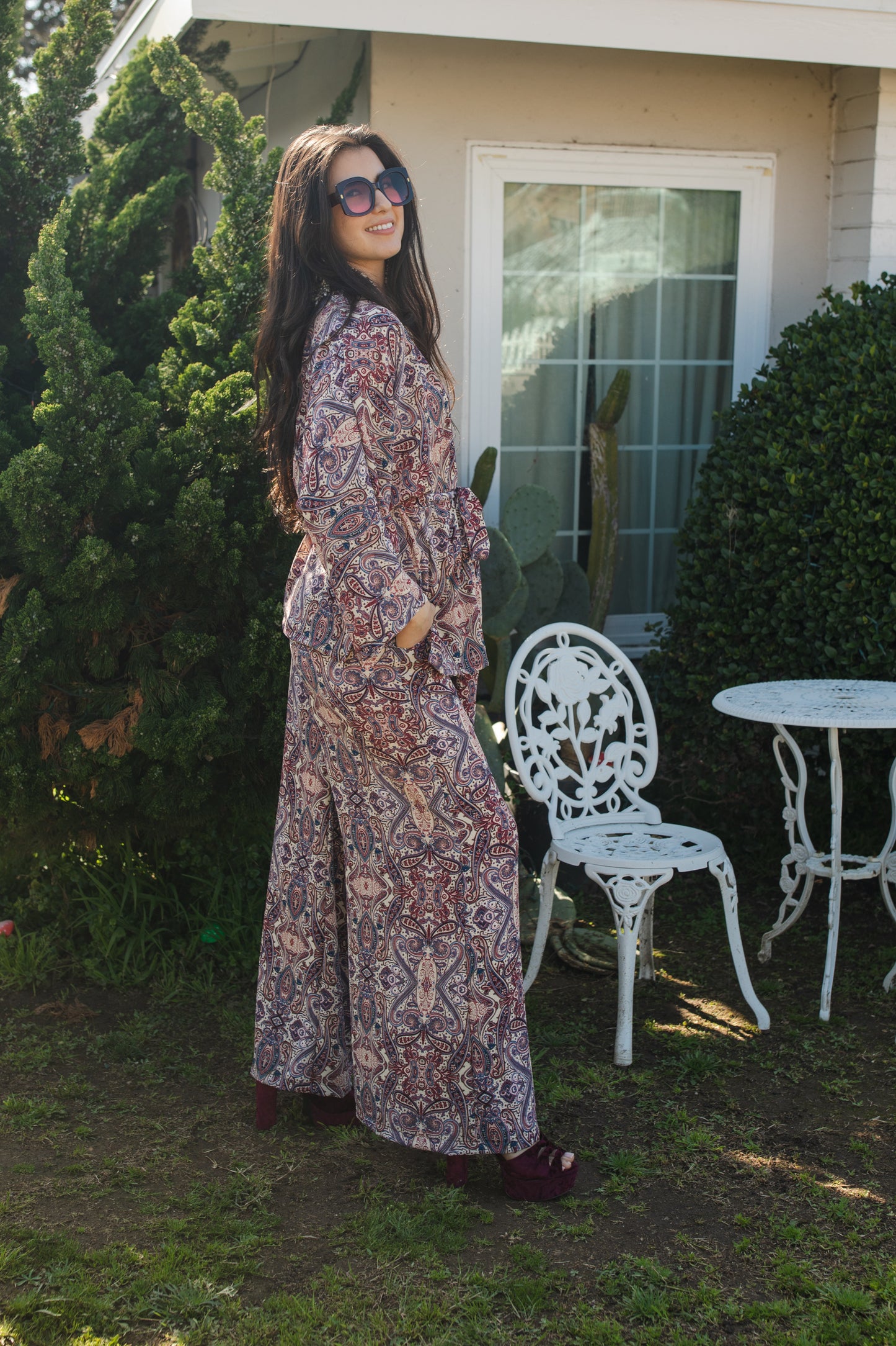 jennafer grace Olympia Paisley dolman palazzo set silky beige georgette with red blue paisley print matching co-ord coord set wrap blouse top with tasseled belt and palazzo pant with pockets and elastic waist boho bohemian hippie romantic whimsical glamorous pajamas pjs glam lounge wear handmade in california usa