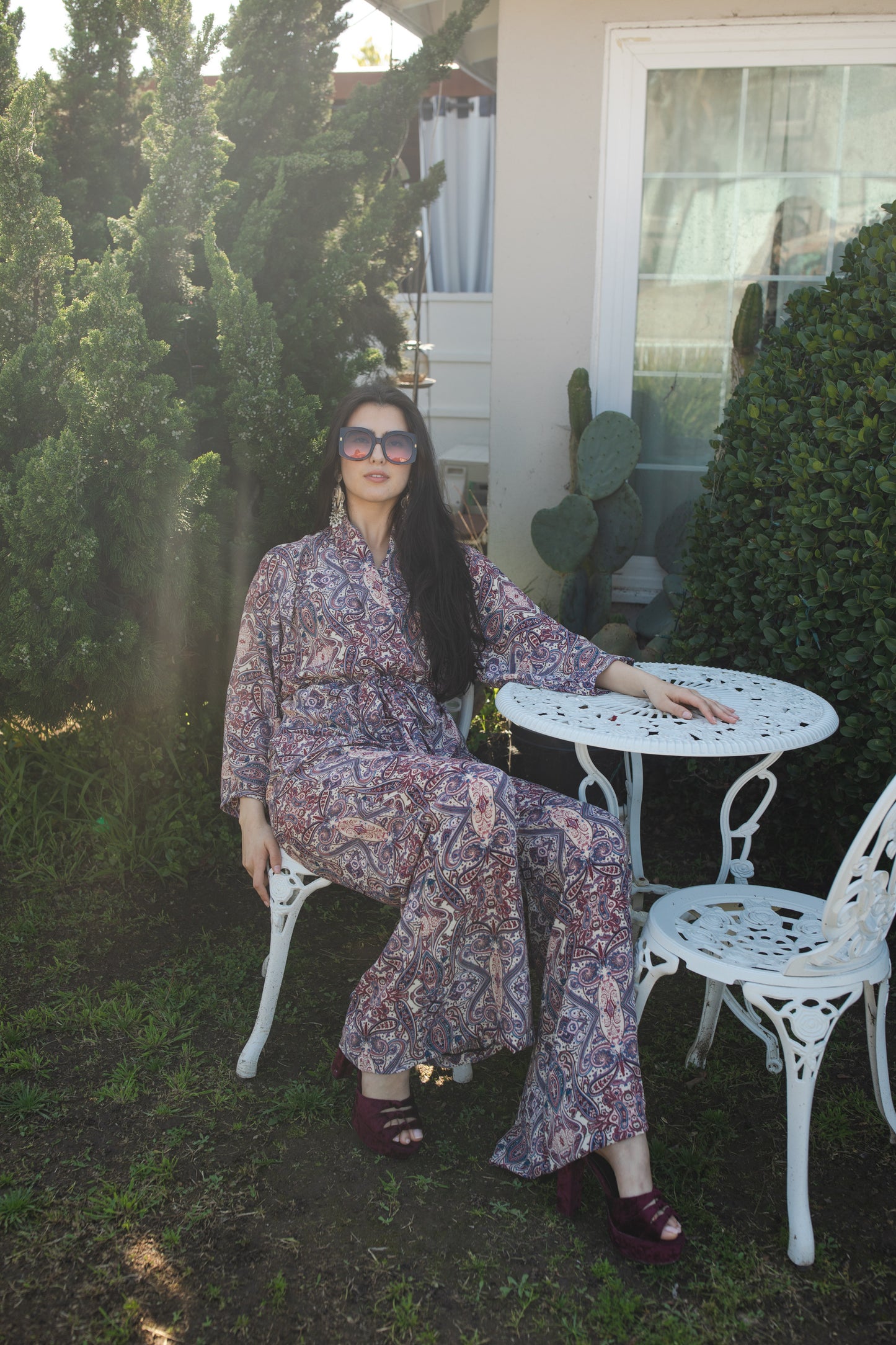 jennafer grace Olympia Paisley dolman palazzo set silky beige georgette with red blue paisley print matching co-ord coord set wrap blouse top with tasseled belt and palazzo pant with pockets and elastic waist boho bohemian hippie romantic whimsical glamorous pajamas pjs glam lounge wear handmade in california usa