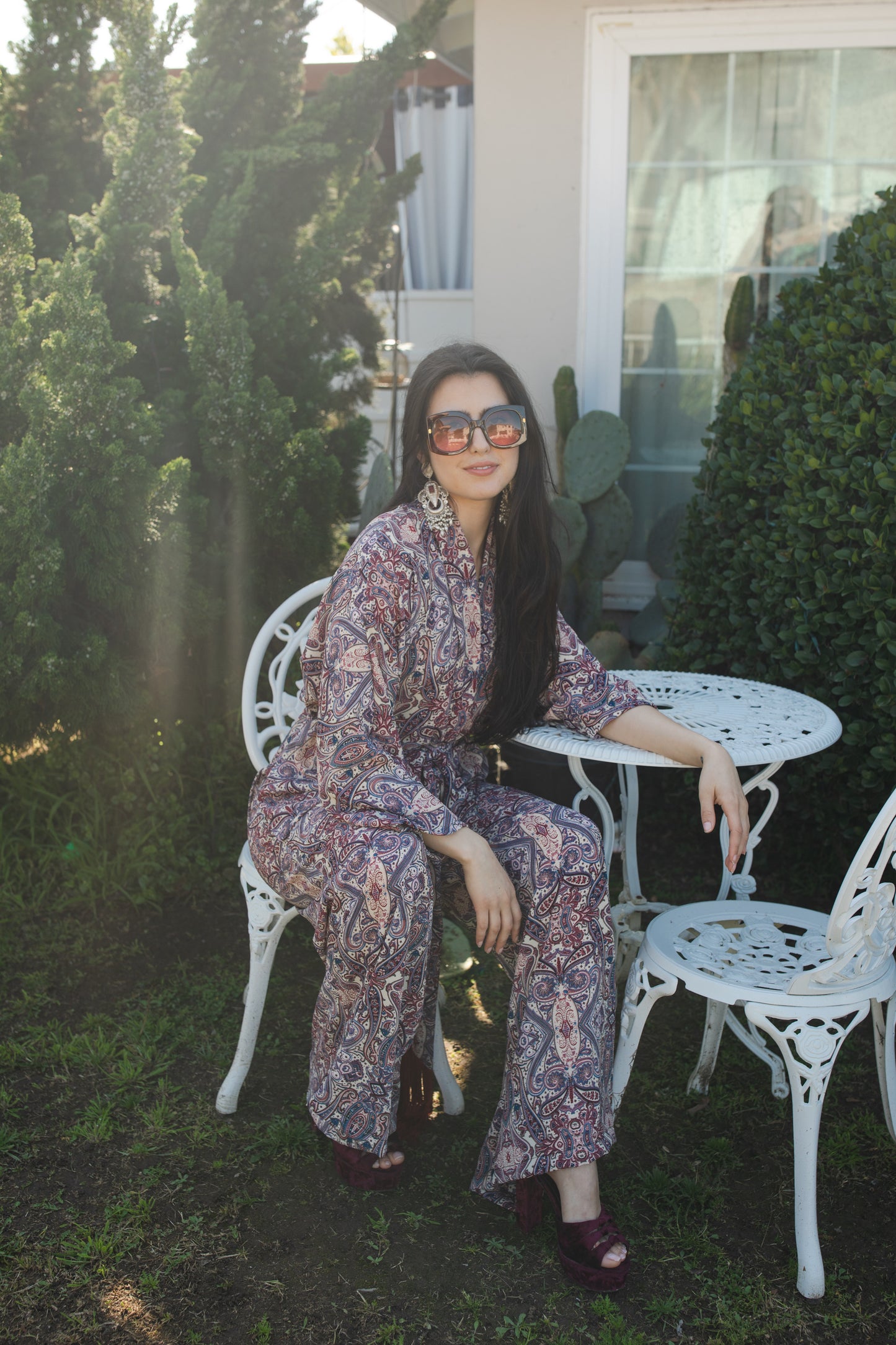 jennafer grace Olympia Paisley dolman palazzo set silky beige georgette with red blue paisley print matching co-ord coord set wrap blouse top with tasseled belt and palazzo pant with pockets and elastic waist boho bohemian hippie romantic whimsical glamorous pajamas pjs glam lounge wear handmade in california usa