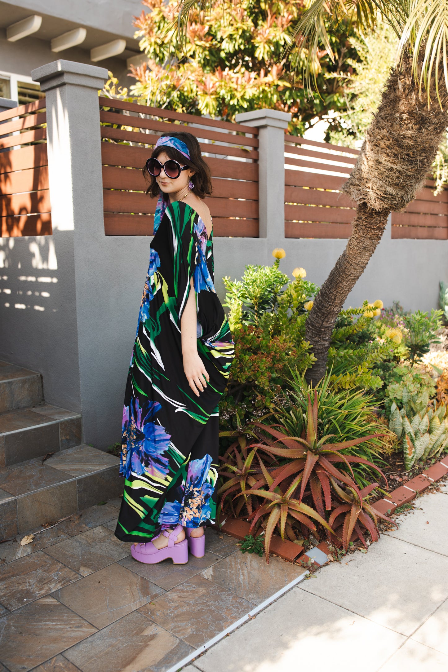 jennafer grace Opulanzia Azul caftan large modern floral print purple blue flowers with vibrant green stems on black kaftan mumu shift dress swimsuit coverup casual boho bohemian hippie beach resort spa lounge loungewear layering unisex handmade in California USA