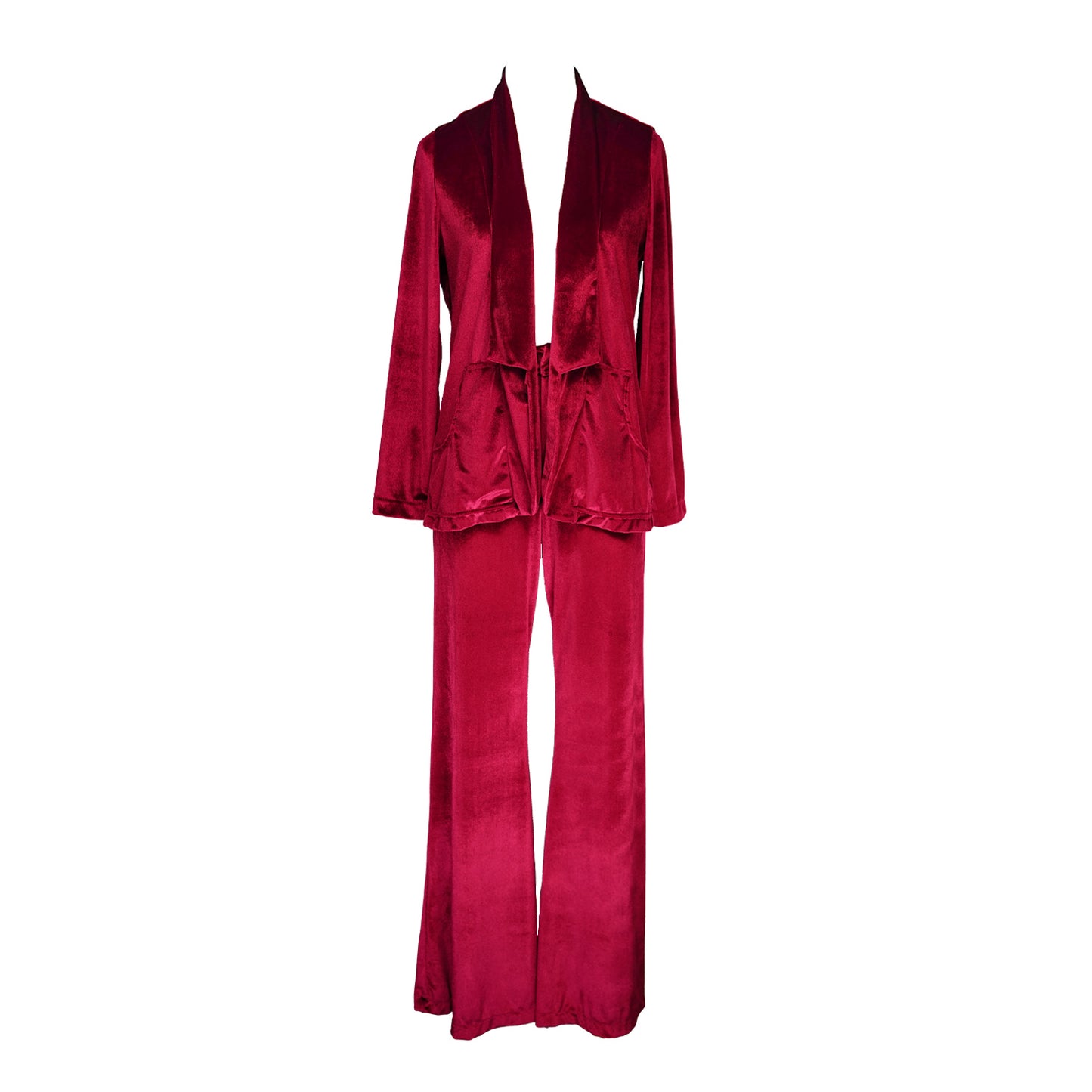 This blazer/suit jacket features is a solid dark red oxblood color and is made from a soft semi stretch velvet fabric. Has a wrist length arm hem, loose collar, and no button.