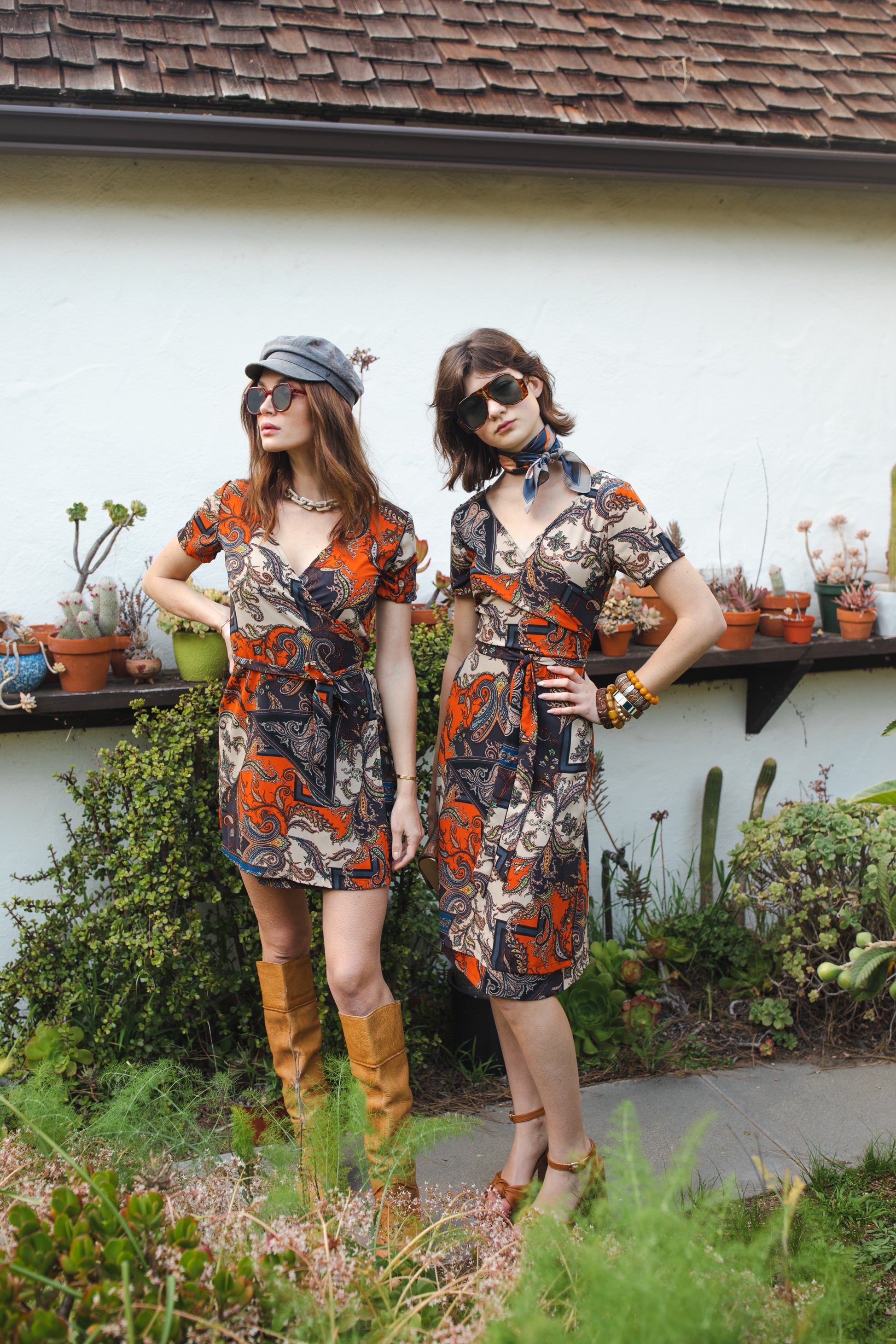 jennafer grace Paisley Mosaic Midi Wrap Dress orange navy blue beige paisley print short sleeve midi wrap dress summer dress boho bohemian hippie romantic whimsical handmade in California USA