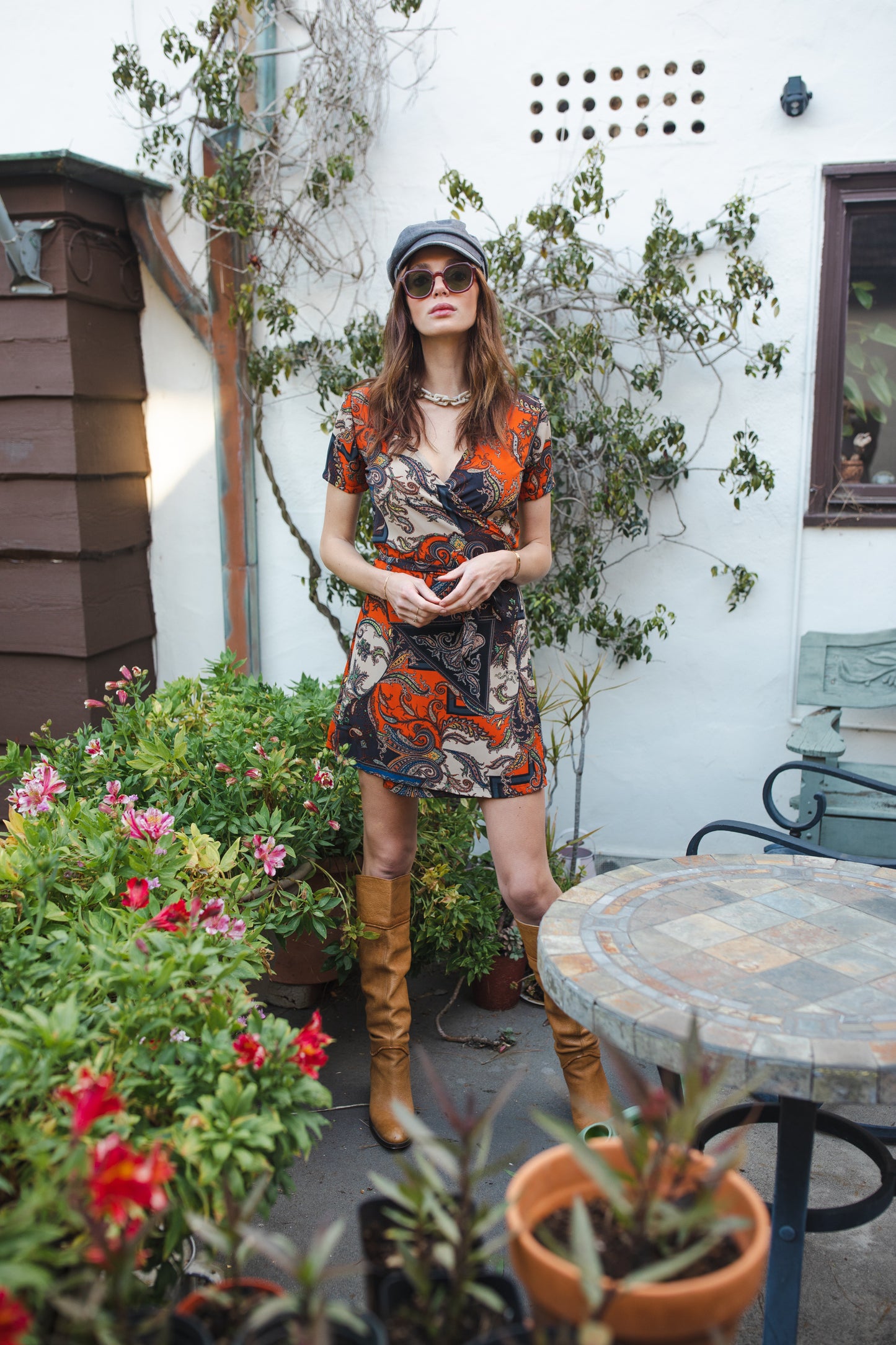 jennafer grace Paisley Mosaic Mini Wrap Dress orange navy blue beige paisley print short sleeve mini wrap dress summer dress boho bohemian hippie romantic whimsical handmade in California USA