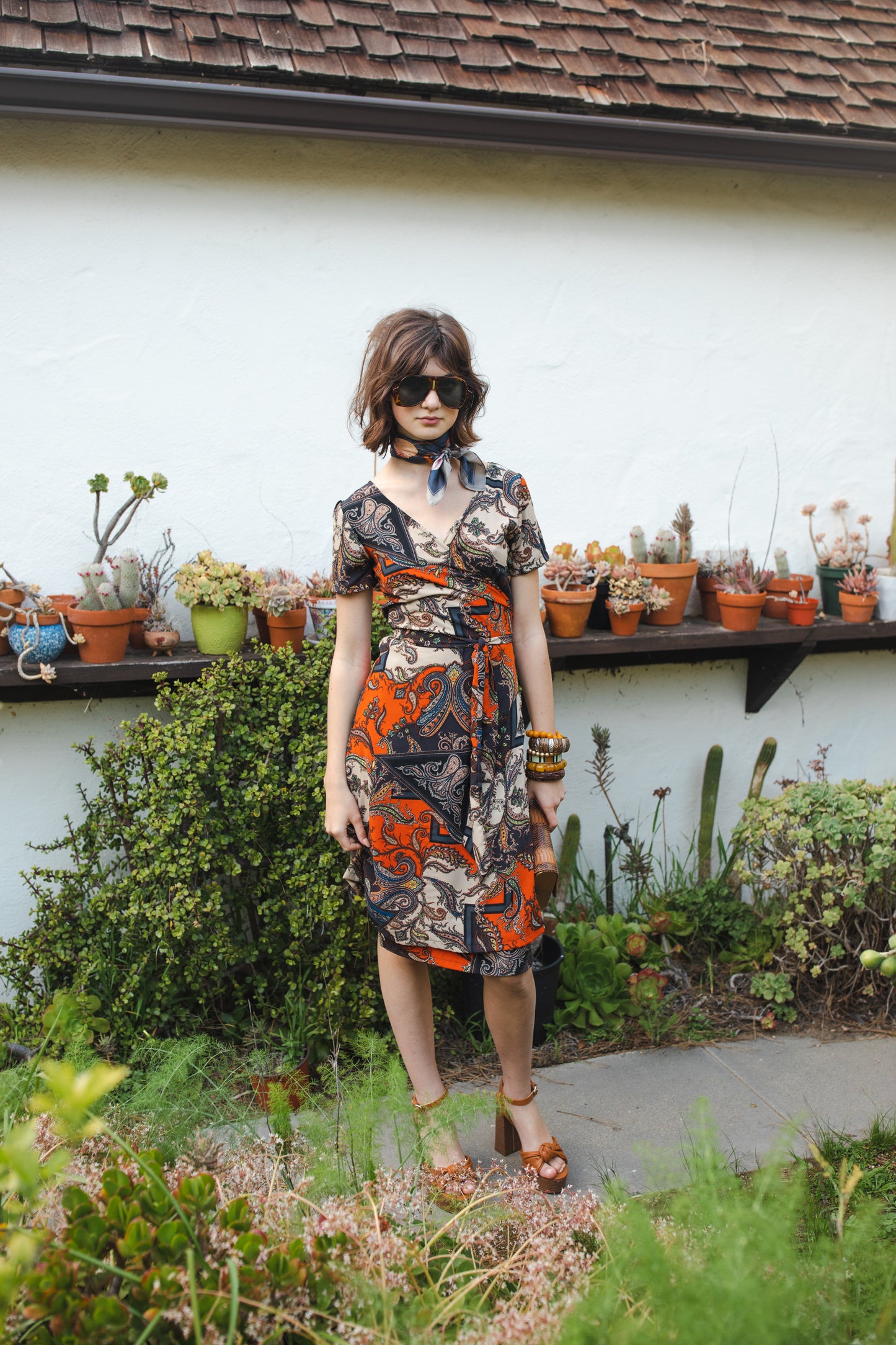 jennafer grace Paisley Mosaic Midi Wrap Dress orange navy blue beige paisley print short sleeve midi wrap dress summer dress boho bohemian hippie romantic whimsical handmade in California USA