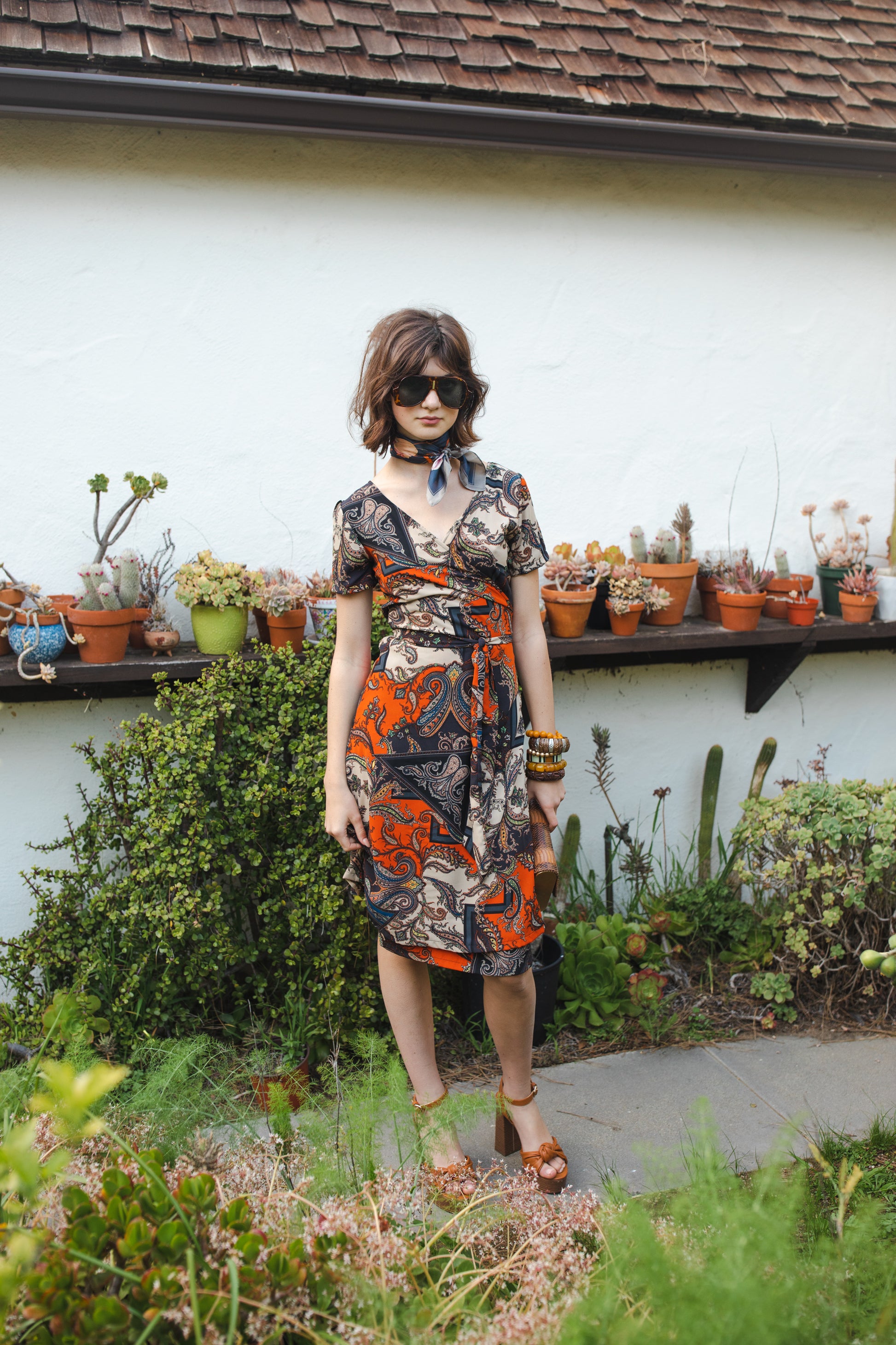 jennafer grace Paisley Mosaic Midi Wrap Dress orange navy blue beige paisley print short sleeve midi wrap dress summer dress boho bohemian hippie romantic whimsical handmade in California USA