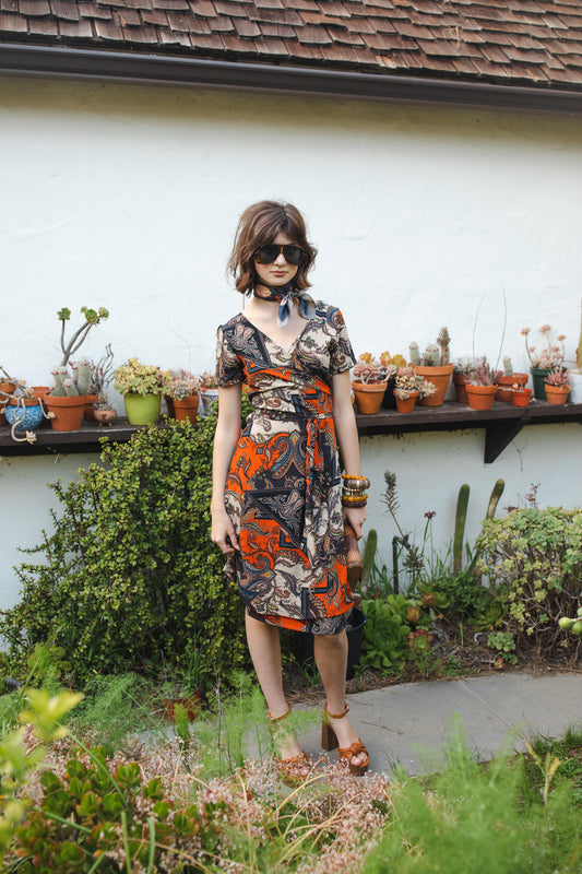 jennafer grace Paisley Mosaic Midi Wrap Dress orange navy blue beige paisley print short sleeve midi wrap dress summer dress boho bohemian hippie romantic whimsical handmade in California USA