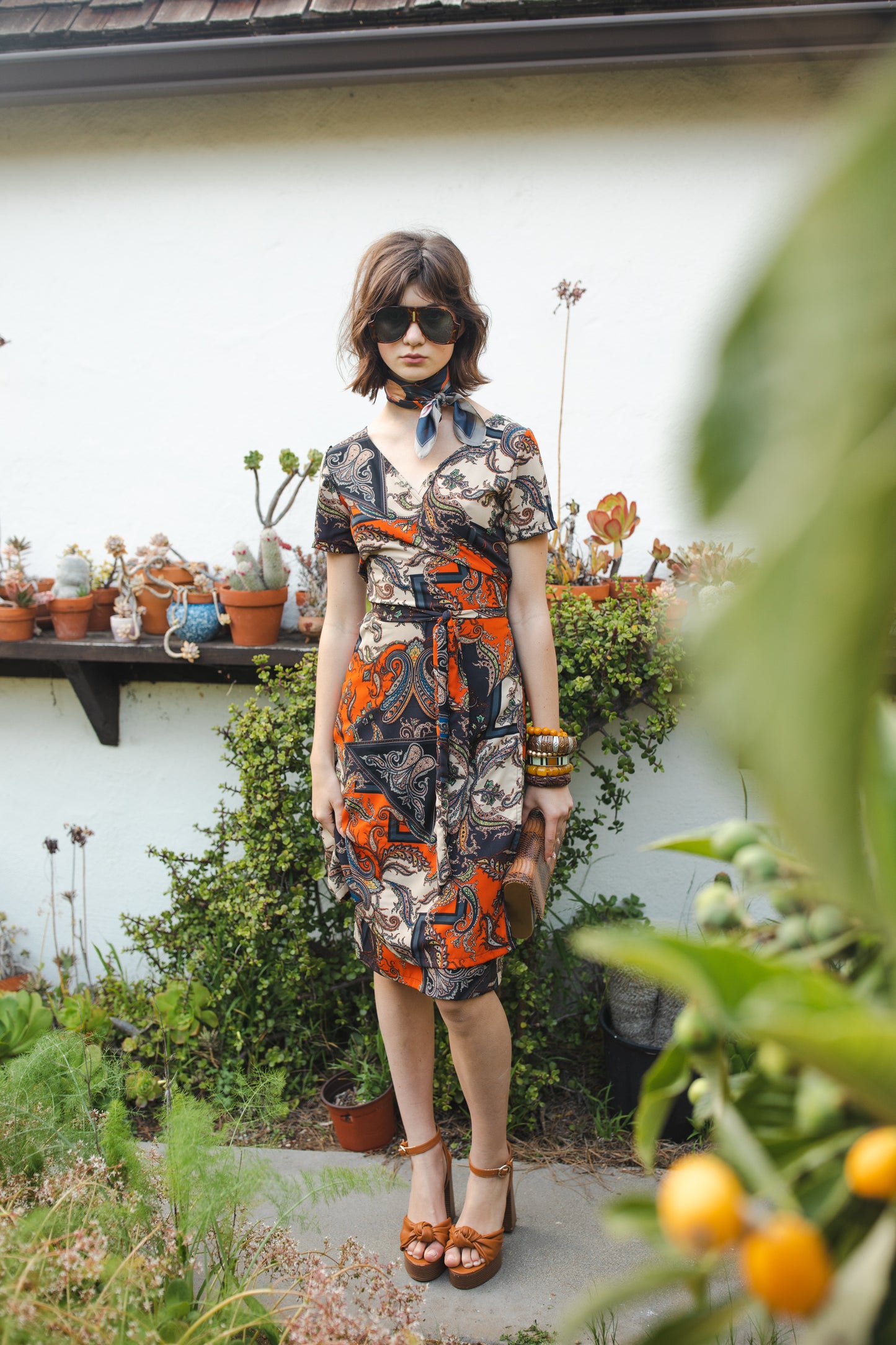 jennafer grace Paisley Mosaic Midi Wrap Dress orange navy blue beige paisley print short sleeve midi wrap dress summer dress boho bohemian hippie romantic whimsical handmade in California USA