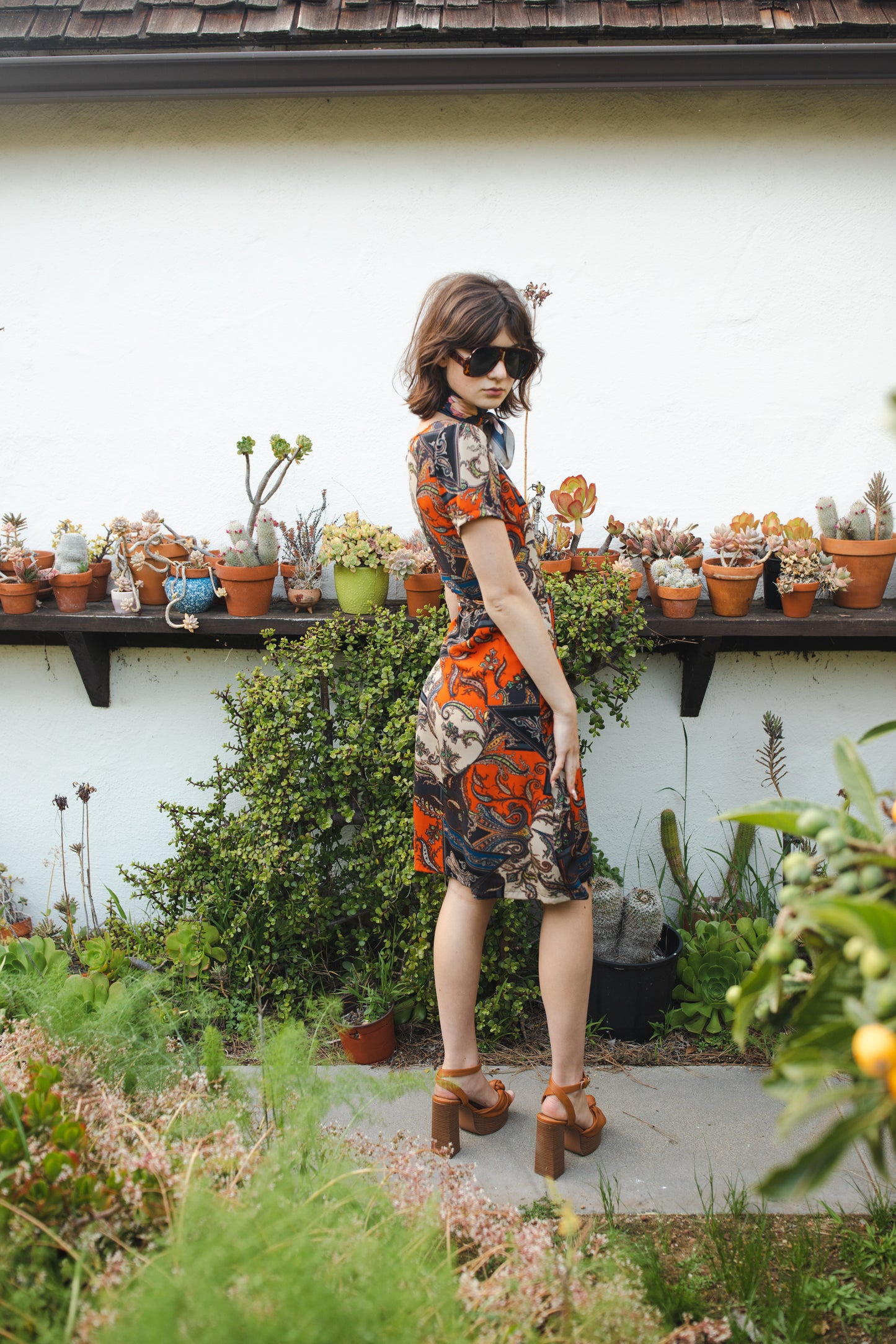 jennafer grace Paisley Mosaic Midi Wrap Dress orange navy blue beige paisley print short sleeve midi wrap dress summer dress boho bohemian hippie romantic whimsical handmade in California USA