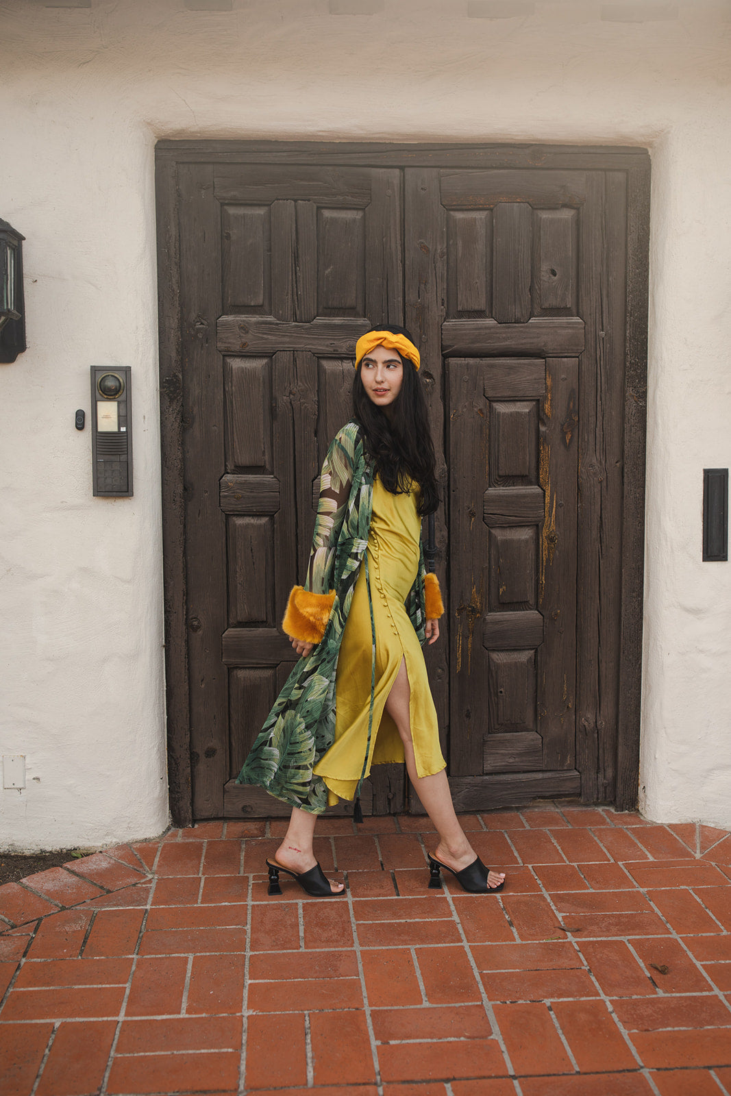jennafer grace Palma Faux Fur Duster black and green tropical botanical palm leaf print semi-sheer duster with mustard yellow faux fur cuffs light jacket coat robe coverup layering boho bohemian hippie revival unisex handmade in California USA