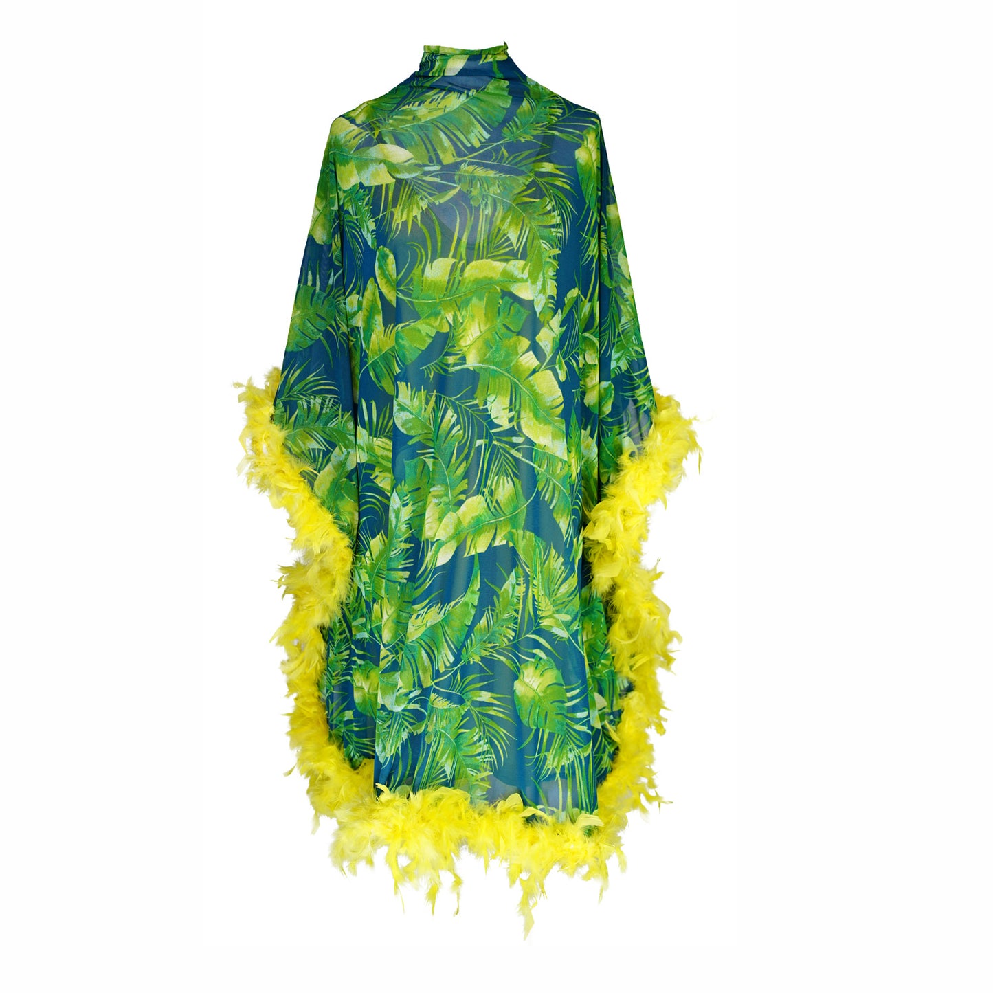 jennafer grace Palma Feather Caftan with slip vibrant tropical emerald green and yellow palm leaf print on dark blue kaftan with canary yellow feather border at sleeves and hem boho bohemian hippie romantic whimsical beach cabana resort vacation lounge handmade in California USA