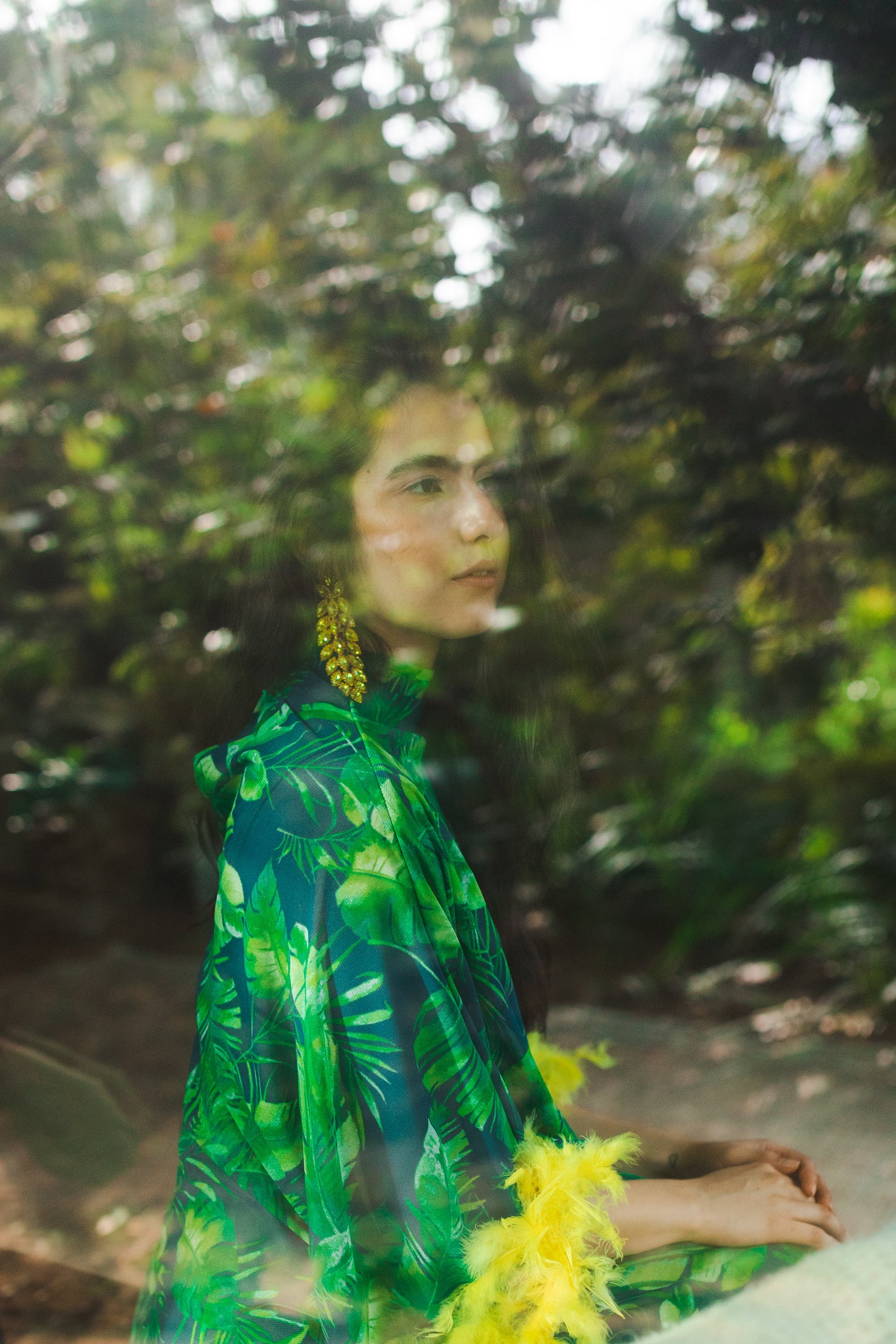 jennafer grace Palma Feather Caftan with slip vibrant tropical emerald green and yellow palm leaf print on dark blue kaftan with canary yellow feather border at sleeves and hem boho bohemian hippie romantic whimsical beach cabana resort vacation lounge handmade in California USA