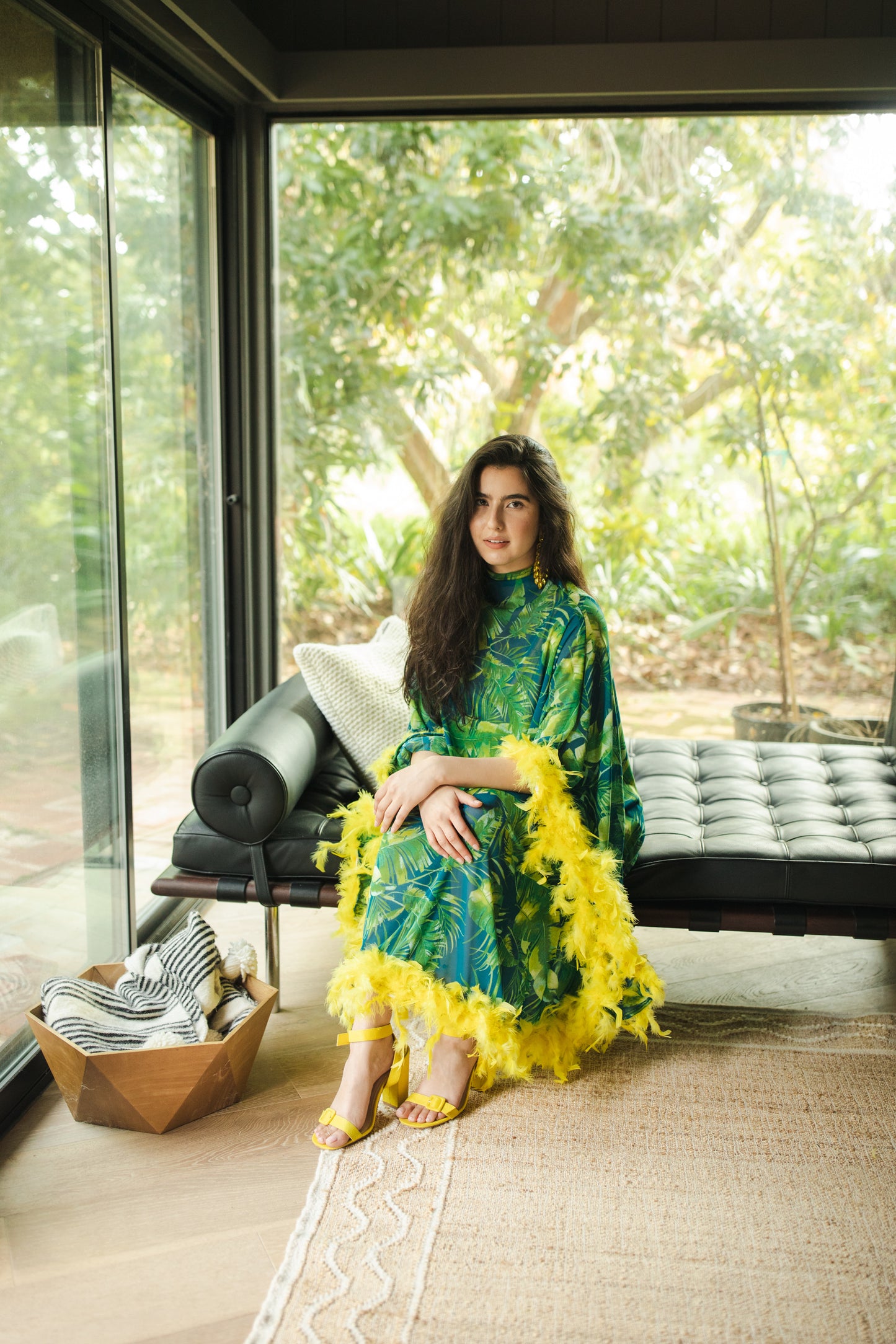 jennafer grace Palma Feather Caftan with slip vibrant tropical emerald green and yellow palm leaf print on dark blue kaftan with canary yellow feather border at sleeves and hem boho bohemian hippie romantic whimsical beach cabana resort vacation lounge handmade in California USA
