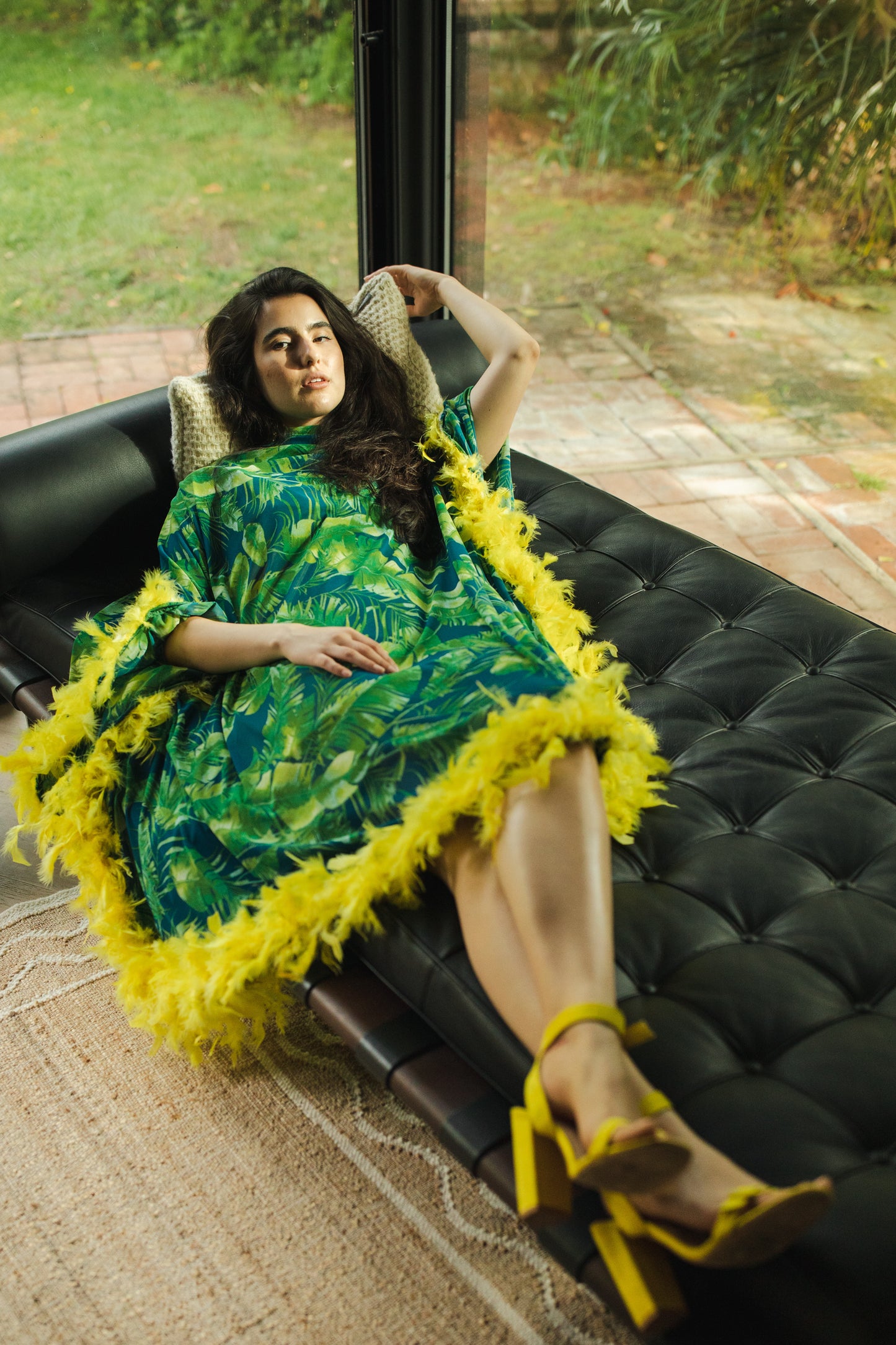 jennafer grace Palma Feather Caftan with slip vibrant tropical emerald green and yellow palm leaf print on dark blue kaftan with canary yellow feather border at sleeves and hem boho bohemian hippie romantic whimsical beach cabana resort vacation lounge handmade in California USA