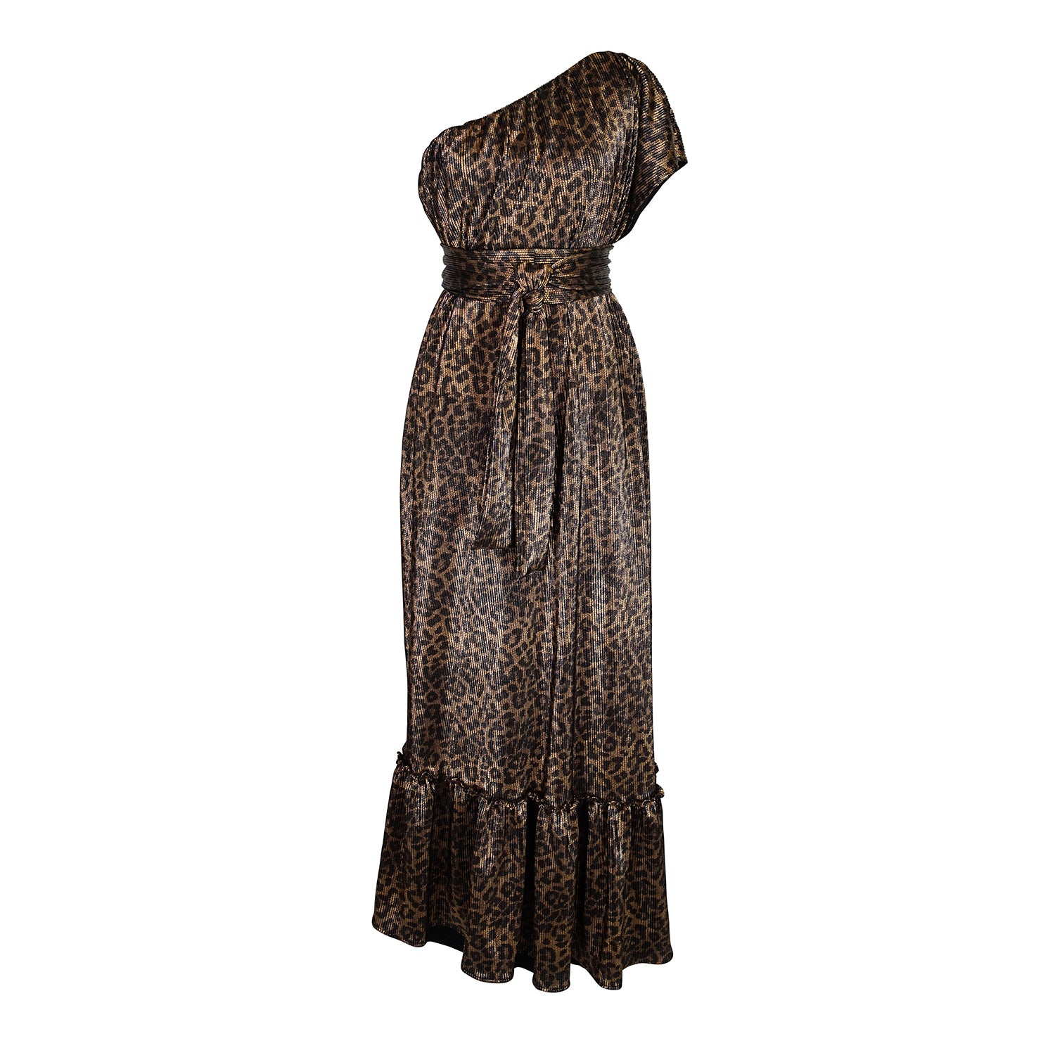 Effortlessly elegant, the Panther link Pleated Maxi Dress features a flattering one shoulder design and eye-catching leopard print. The pleated details add texture and movement, while the flared silhouette and ruffle hem create a feminine and sophisticated look.