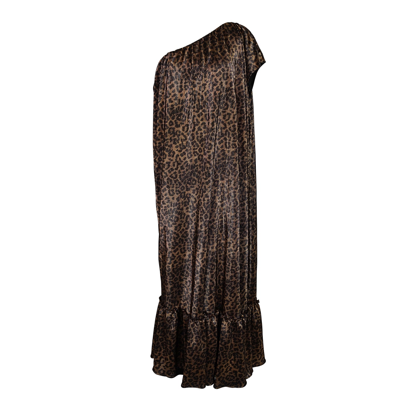Effortlessly elegant, the Panther link Pleated Maxi Dress features a flattering one shoulder design and eye-catching leopard print. The pleated details add texture and movement, while the flared silhouette and ruffle hem create a feminine and sophisticated look.