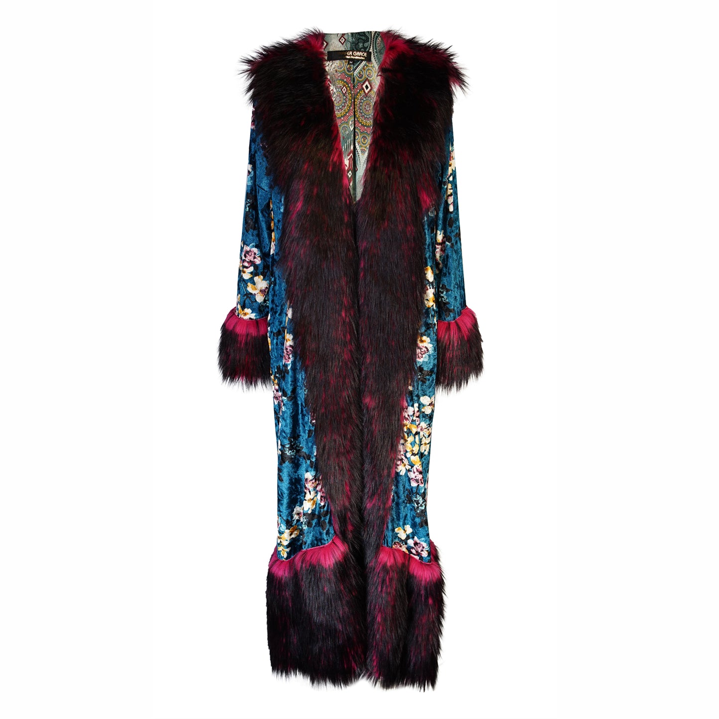 jennafer grace penny deluxe infernal spring faux fur velvet jacket hot pink fuchsia red and black faux fur on teal blue velvet dogwood flowers floral opera coat 1960s 1970s Almost Famous penny lane jacket boho bohemian hippie romantic whimsical unisex handmade in California USA