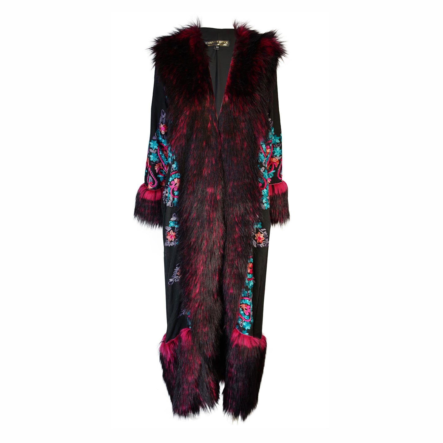 jennafer grace penny deluxe kahlo embroidered faux fur jacket hot pink fuchsia and black faux fur on black fabric with symmetrical floral embroidery opera coat 1960s 1970s Almost Famous penny lane jacket boho bohemian hippie romantic whimsical unisex handmade in California USA
