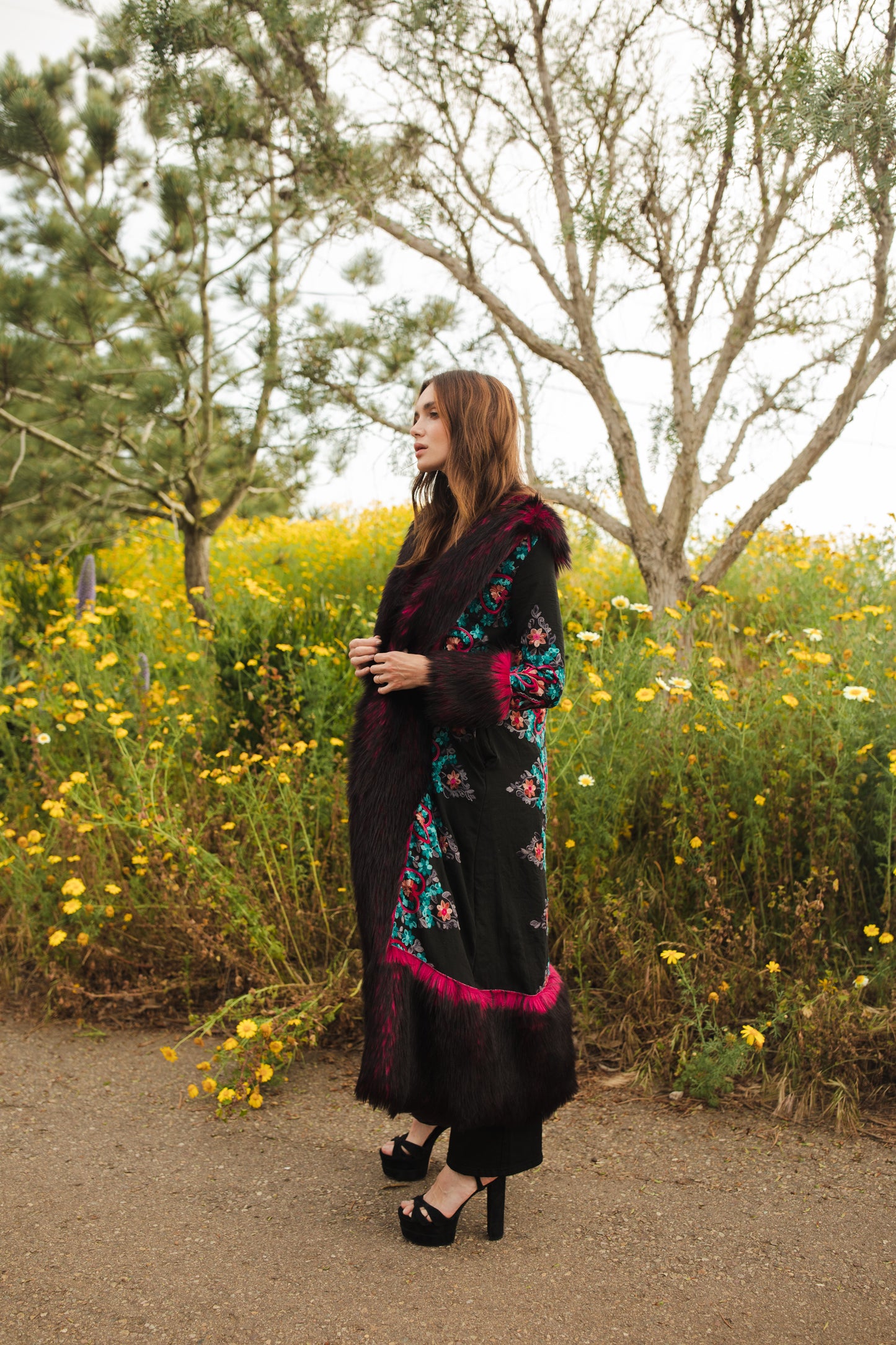 jennafer grace penny deluxe kahlo embroidered faux fur jacket hot pink fuchsia and black faux fur on black fabric with symmetrical floral embroidery opera coat 1960s 1970s Almost Famous penny lane jacket boho bohemian hippie romantic whimsical unisex handmade in California USA