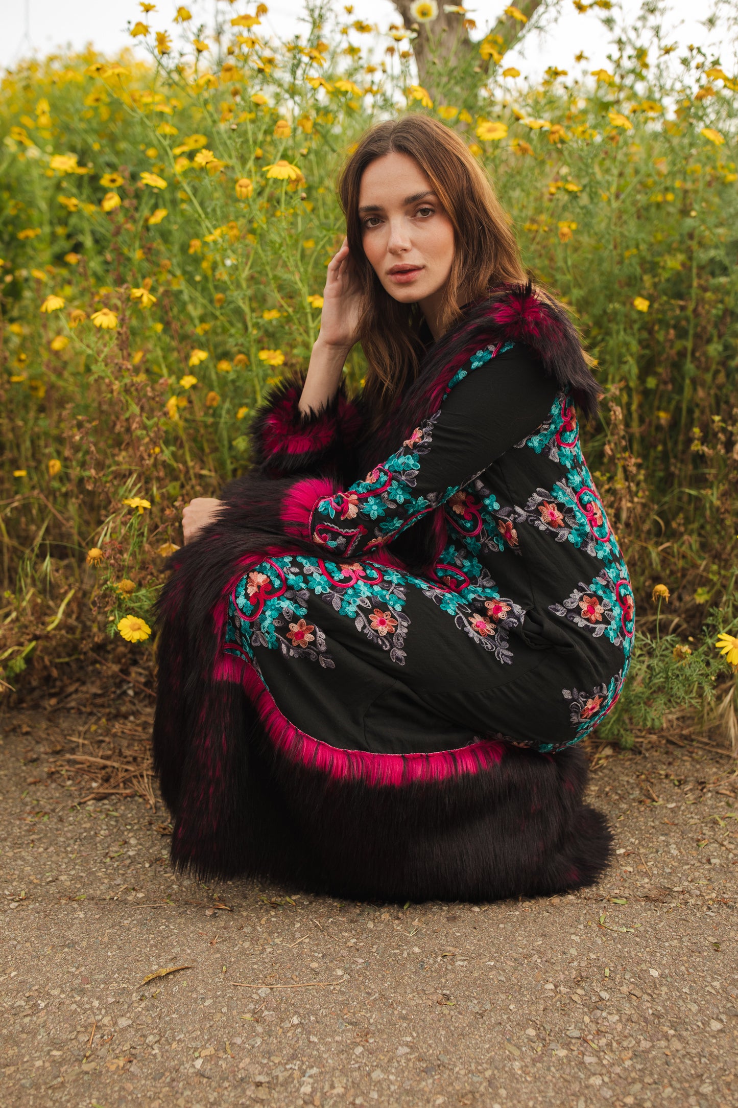 jennafer grace penny deluxe kahlo embroidered faux fur jacket hot pink fuchsia and black faux fur on black fabric with symmetrical floral embroidery opera coat 1960s 1970s Almost Famous penny lane jacket boho bohemian hippie romantic whimsical unisex handmade in California USA