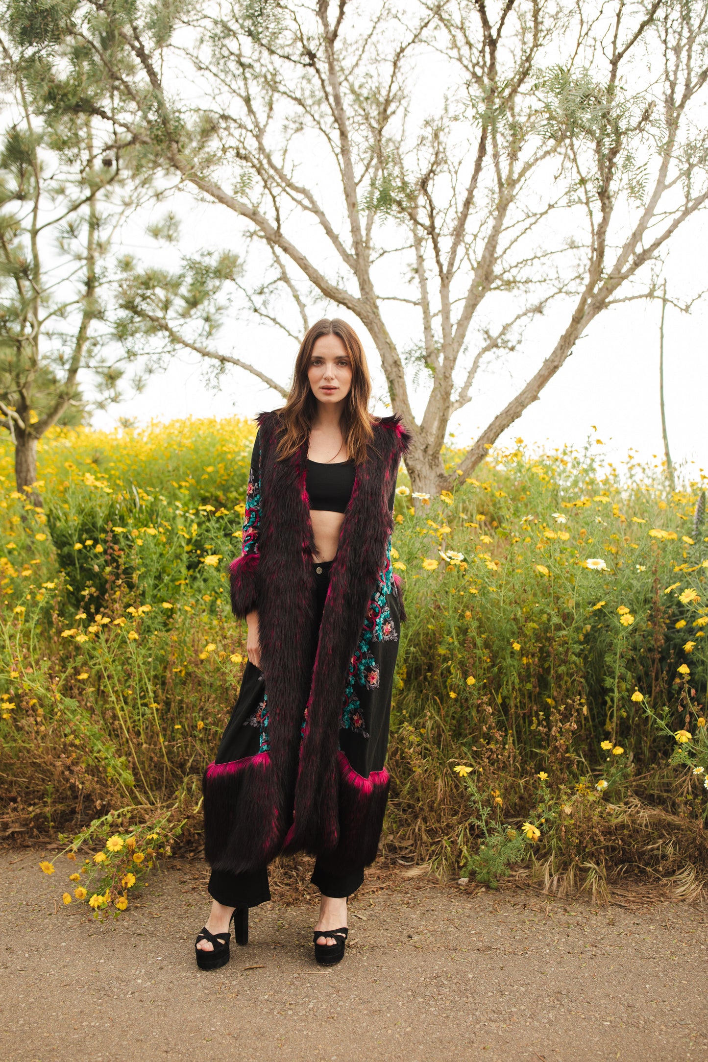 jennafer grace penny deluxe kahlo embroidered faux fur jacket hot pink fuchsia and black faux fur on black fabric with symmetrical floral embroidery opera coat 1960s 1970s Almost Famous penny lane jacket boho bohemian hippie romantic whimsical unisex handmade in California USA