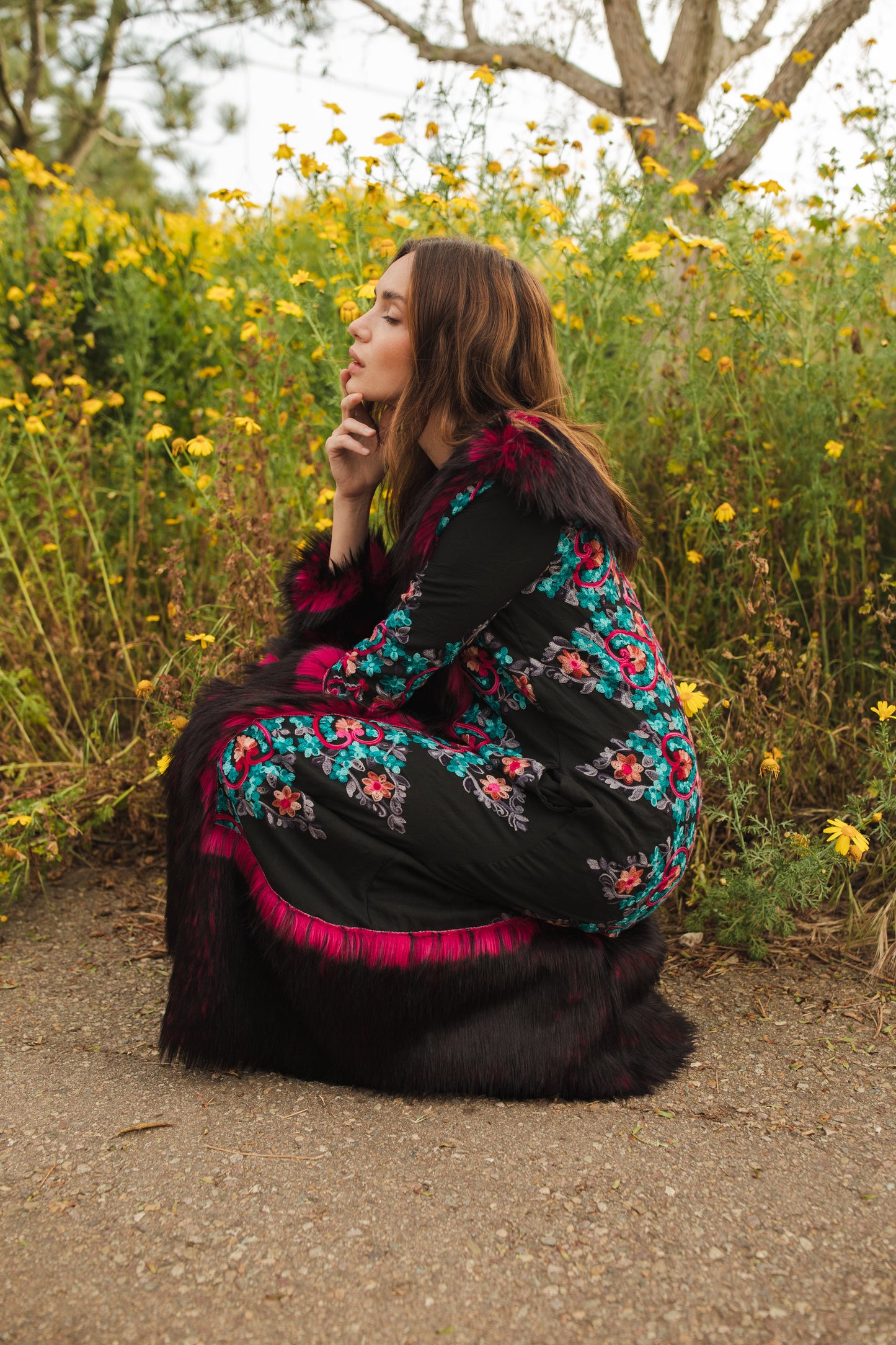jennafer grace penny deluxe kahlo embroidered faux fur jacket hot pink fuchsia and black faux fur on black fabric with symmetrical floral embroidery opera coat 1960s 1970s Almost Famous penny lane jacket boho bohemian hippie romantic whimsical unisex handmade in California USA