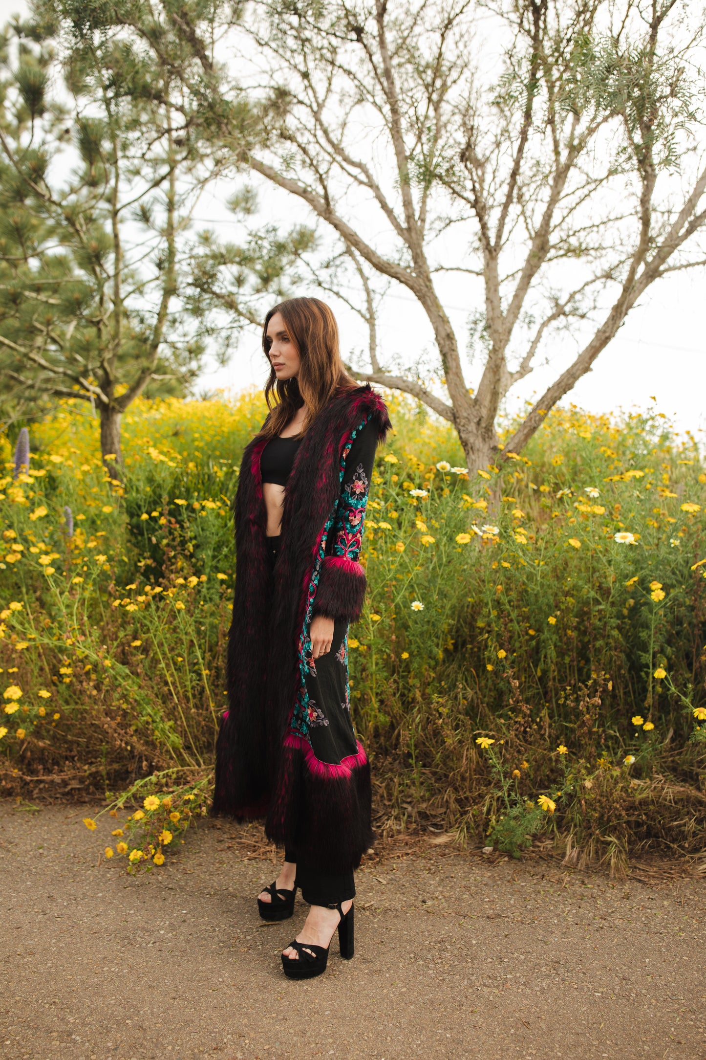 jennafer grace penny deluxe kahlo embroidered faux fur jacket hot pink fuchsia and black faux fur on black fabric with symmetrical floral embroidery opera coat 1960s 1970s Almost Famous penny lane jacket boho bohemian hippie romantic whimsical unisex handmade in California USA