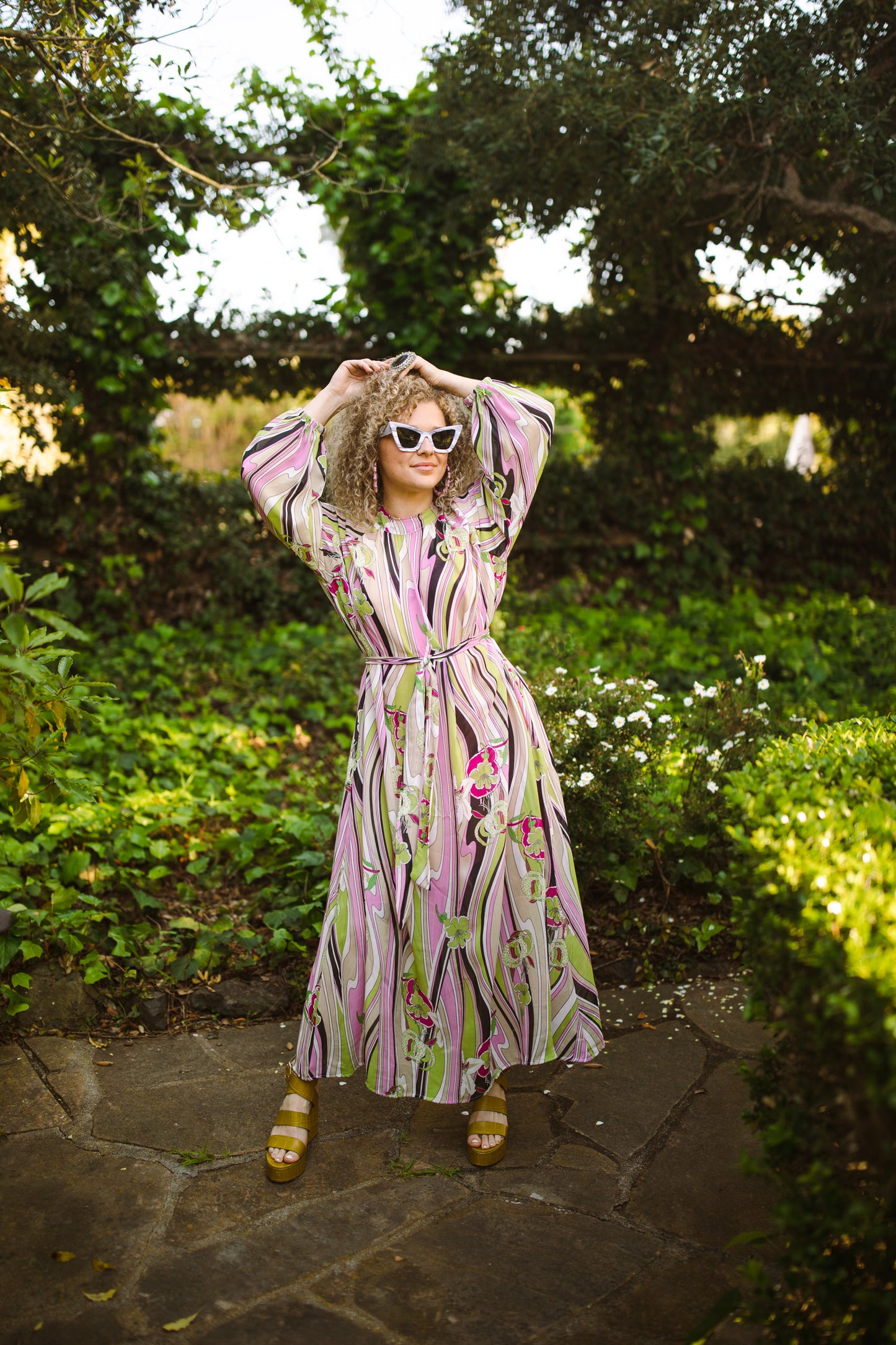 jennafer grace Psychelilies Roper Maxi Dress semi-sheer bubble-gum pink & fuchsia & black & lime green abstract psychedelic mod floral lily print long sleeve dress with high neck cinched waist tie bishop sleeve retro 1960s 60s revival midcentury evening dress boho bohemian hippie romantic whimsical handmade in California USA