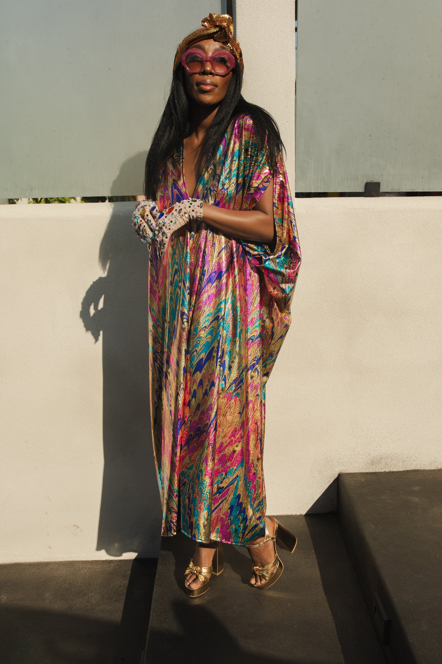 jennafer grace Psychoactivity Caftan gold royal blue turquoise aqua hot pink fuchsia glittering shimmering shiny coated jersey kaftan mumu shift dress coverup casual festive boho bohemian hippie beach resort spa lounge loungewear layering unisex handmade in California USA