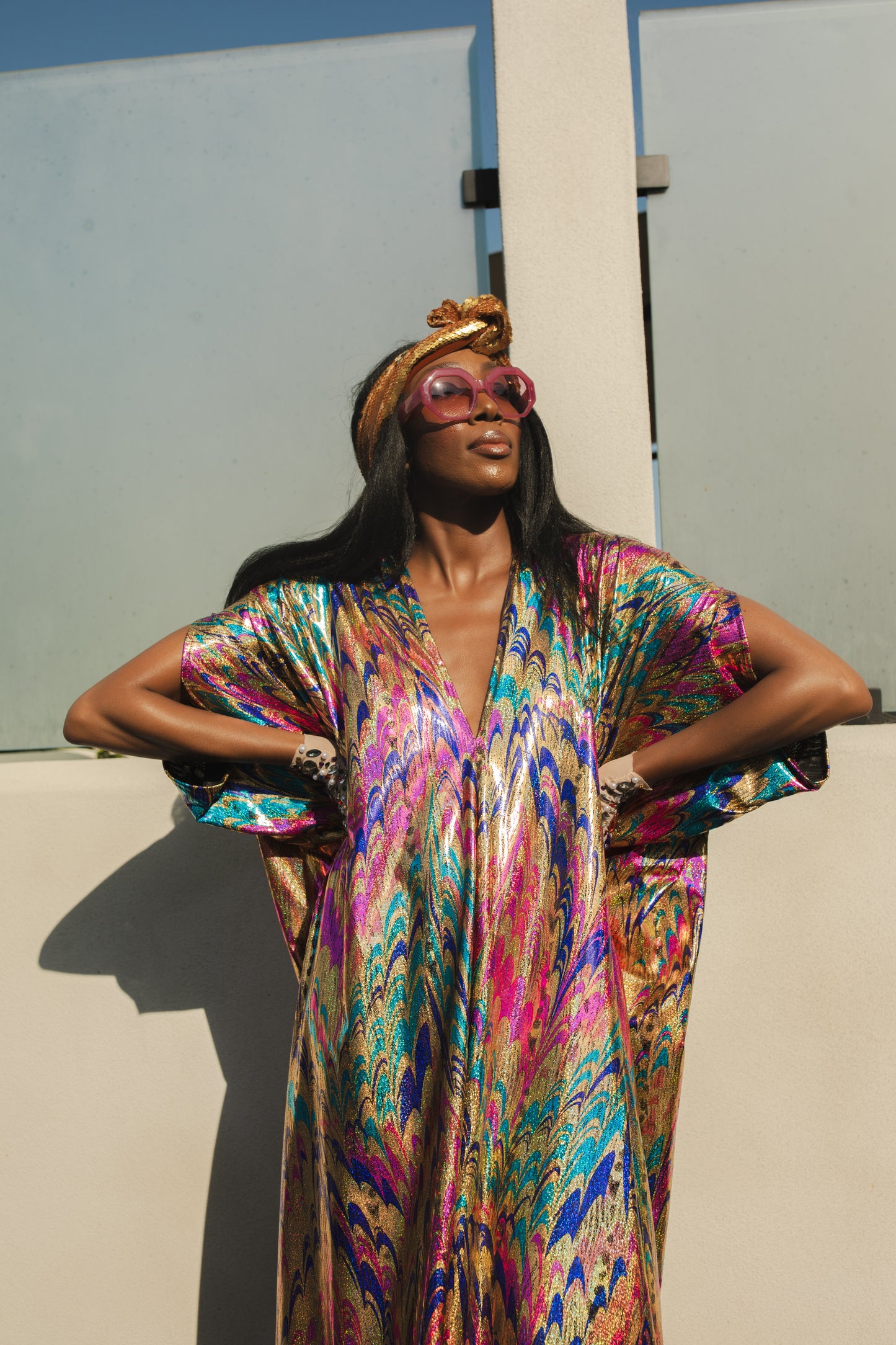 jennafer grace Psychoactivity Caftan gold royal blue turquoise aqua hot pink fuchsia glittering shimmering shiny coated jersey kaftan mumu shift dress coverup casual festive boho bohemian hippie beach resort spa lounge loungewear layering unisex handmade in California USA
