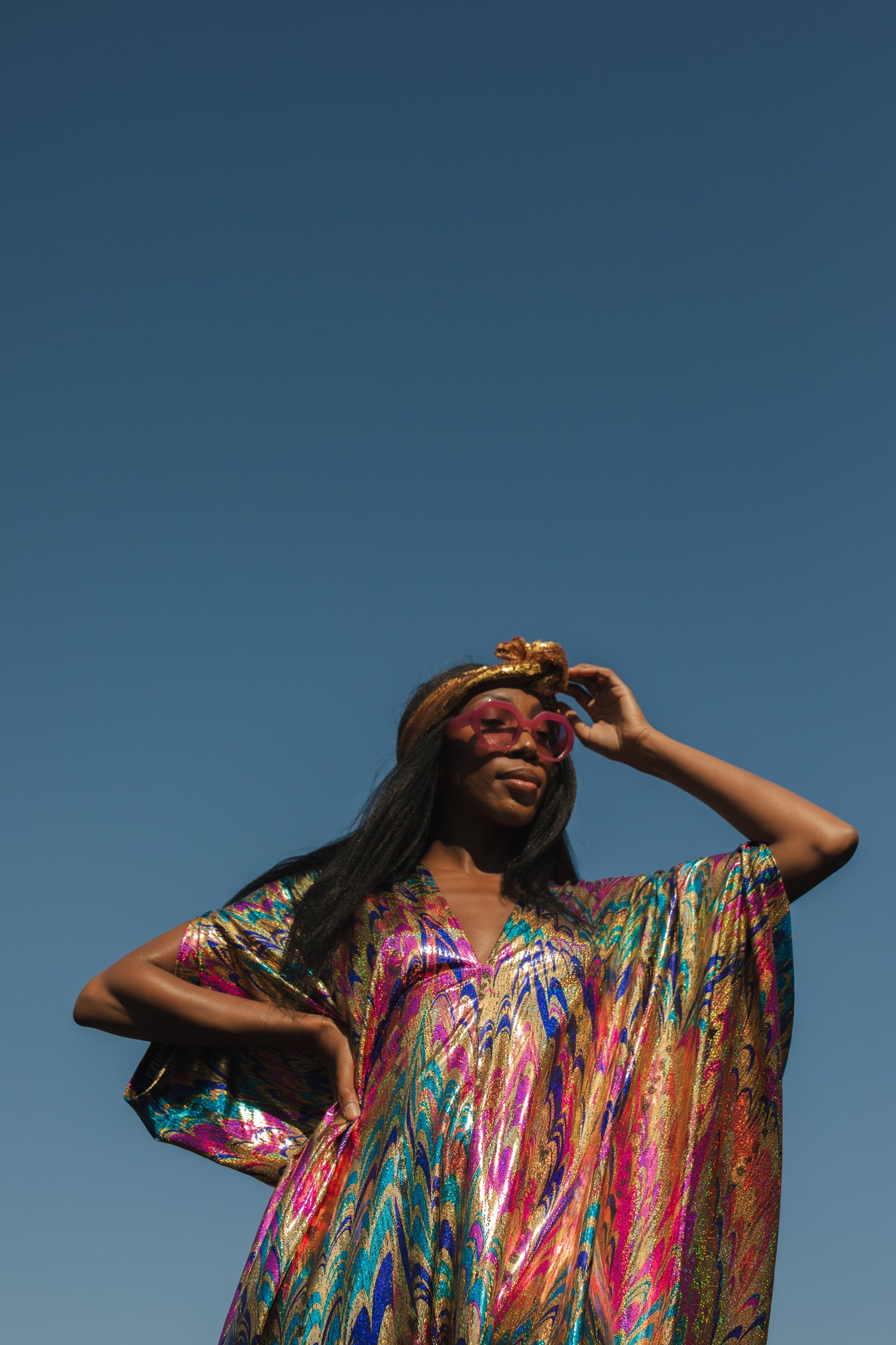 jennafer grace Psychoactivity Caftan gold royal blue turquoise aqua hot pink fuchsia glittering shimmering shiny coated jersey kaftan mumu shift dress coverup casual festive boho bohemian hippie beach resort spa lounge loungewear layering unisex handmade in California USA