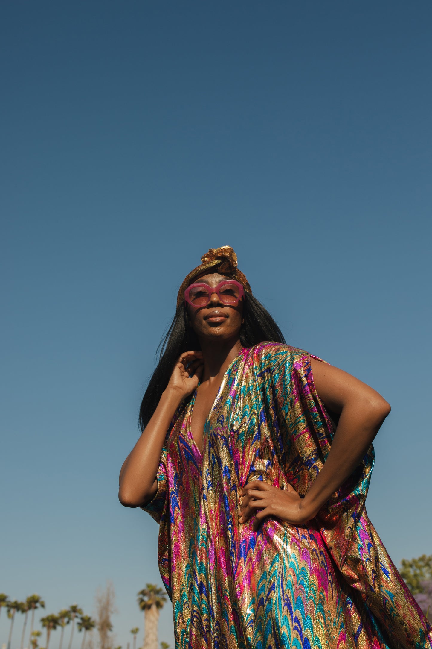 jennafer grace Psychoactivity Caftan gold royal blue turquoise aqua hot pink fuchsia glittering shimmering shiny coated jersey kaftan mumu shift dress coverup casual festive boho bohemian hippie beach resort spa lounge loungewear layering unisex handmade in California USA