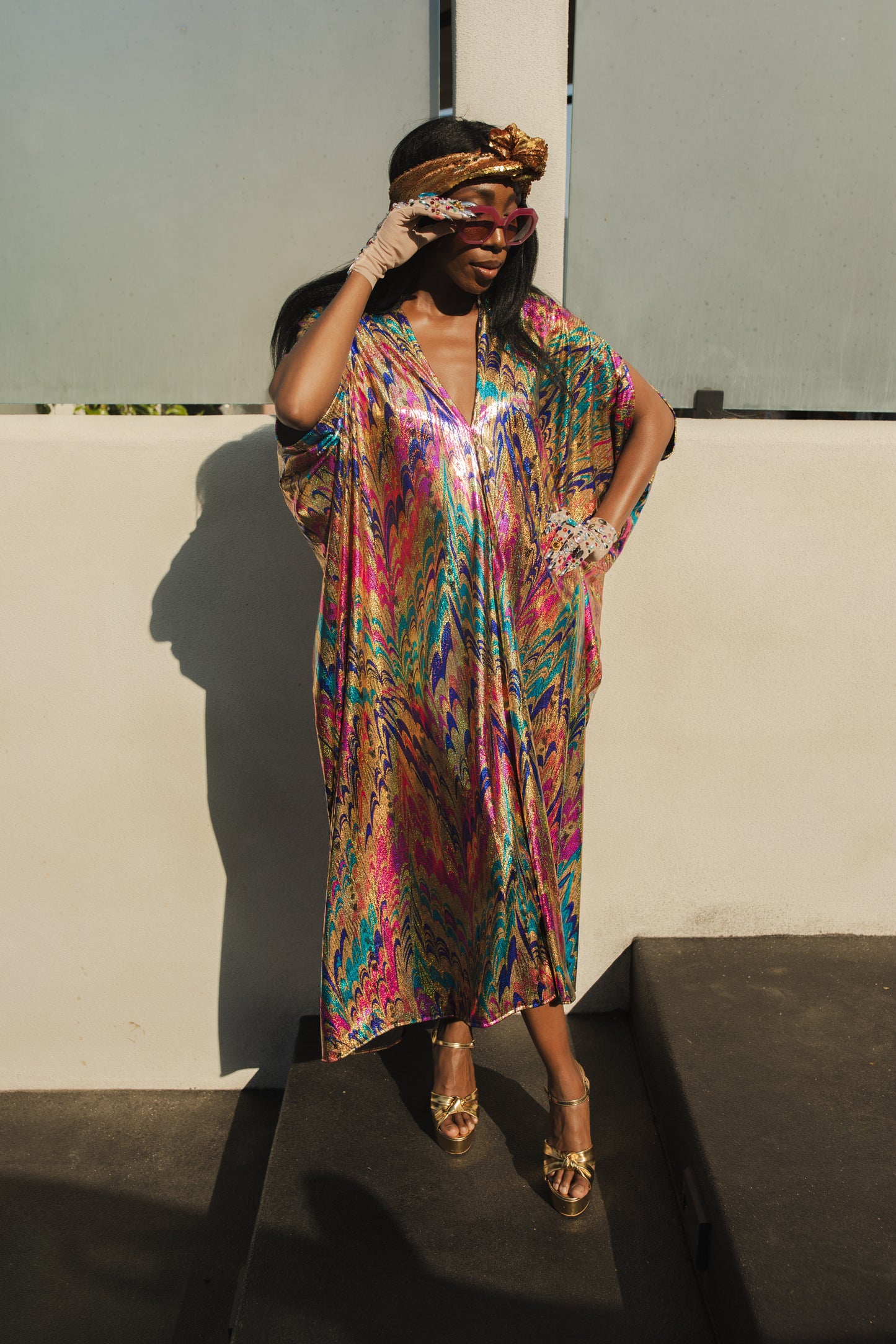 jennafer grace Psychoactivity Caftan gold royal blue turquoise aqua hot pink fuchsia glittering shimmering shiny coated jersey kaftan mumu shift dress coverup casual festive boho bohemian hippie beach resort spa lounge loungewear layering unisex handmade in California USA
