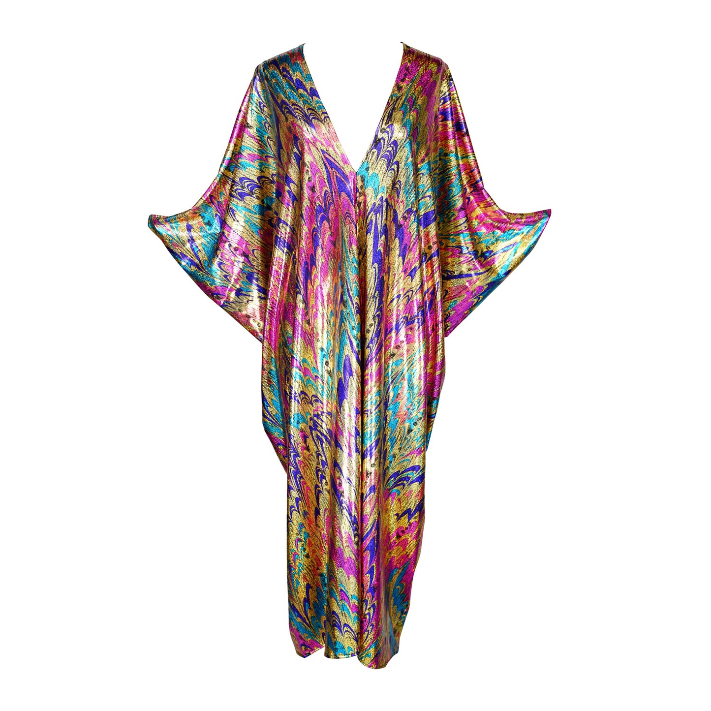 jennafer grace Psychoactivity Caftan gold royal blue turquoise aqua hot pink fuchsia glittering shimmering shiny coated jersey kaftan mumu shift dress coverup casual festive boho bohemian hippie beach resort spa lounge loungewear layering unisex handmade in California USA