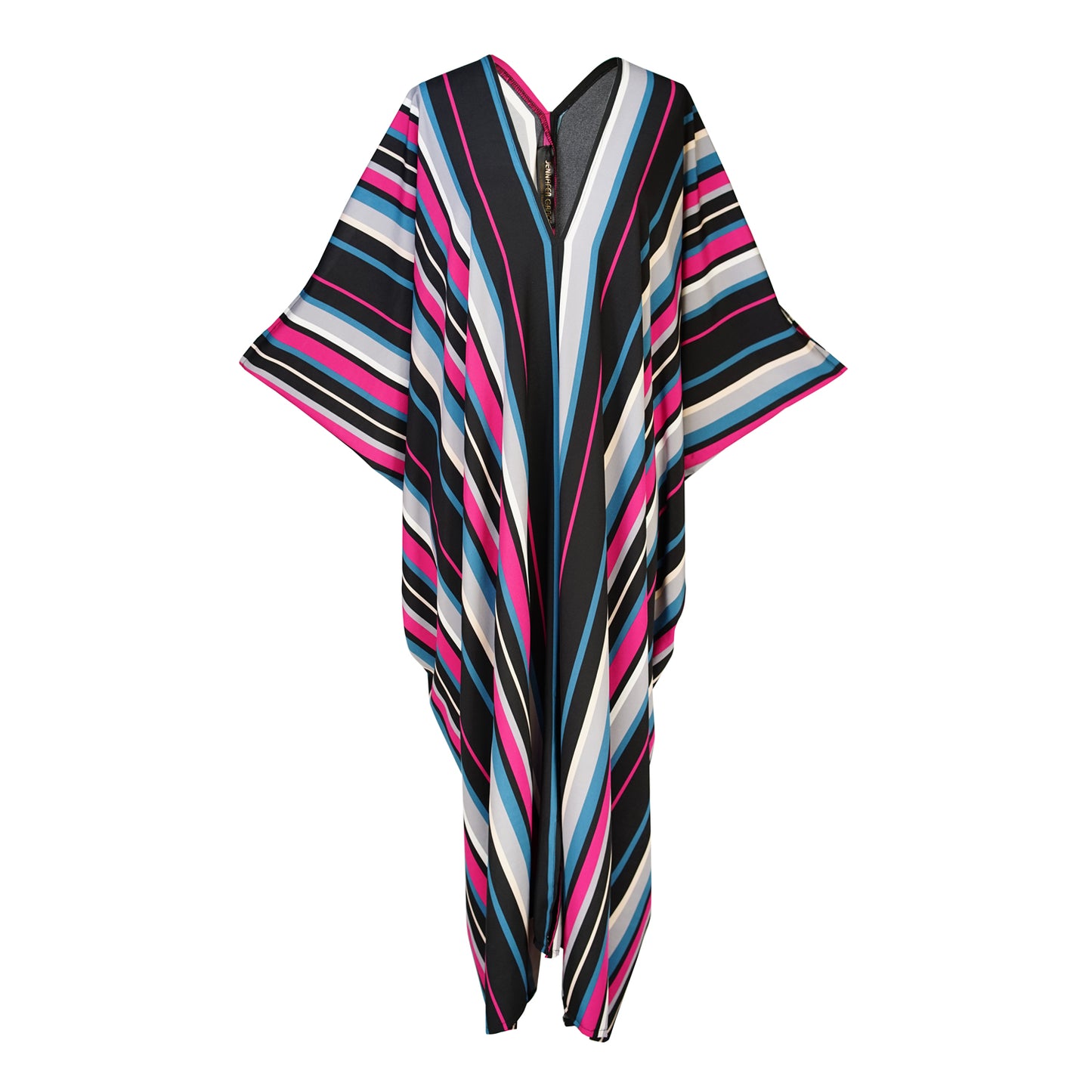 jennafer grace Raspberry Stripe caftan 70s inspired vertical striped hot pink fuchsia black gray navy blue stripes kaftan mumu shift dress coverup casual boho bohemian hippie beach resort spa lounge loungewear layering unisex handmade in California USA