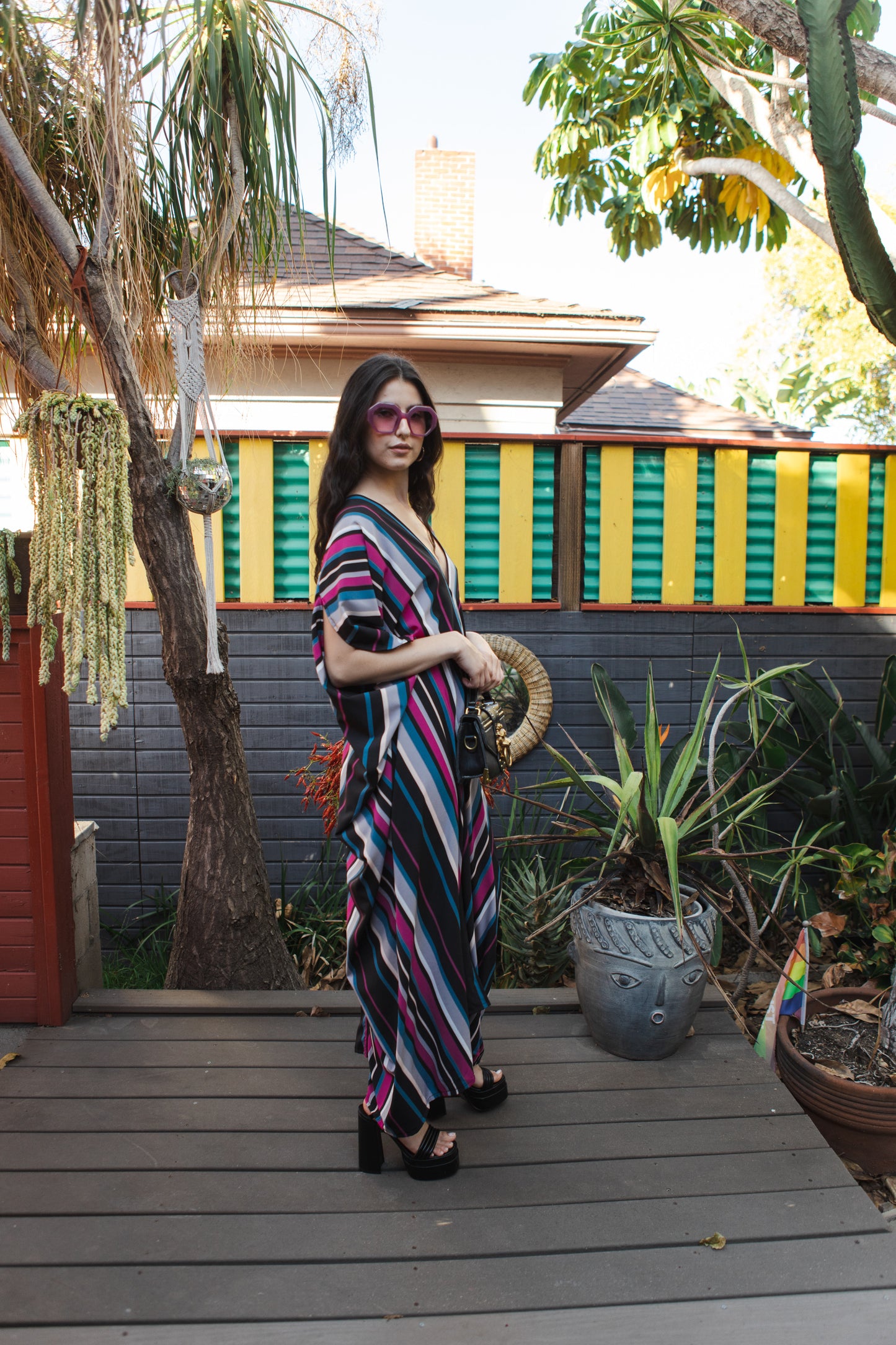 jennafer grace Raspberry Stripe caftan 70s inspired vertical striped hot pink fuchsia black gray navy blue stripes kaftan mumu shift dress coverup casual boho bohemian hippie beach resort spa lounge loungewear layering unisex handmade in California USA
