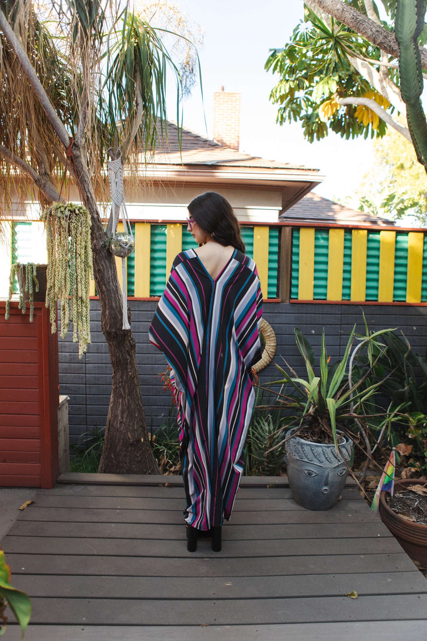 jennafer grace Raspberry Stripe caftan 70s inspired vertical striped hot pink fuchsia black gray navy blue stripes kaftan mumu shift dress coverup casual boho bohemian hippie beach resort spa lounge loungewear layering unisex handmade in California USA