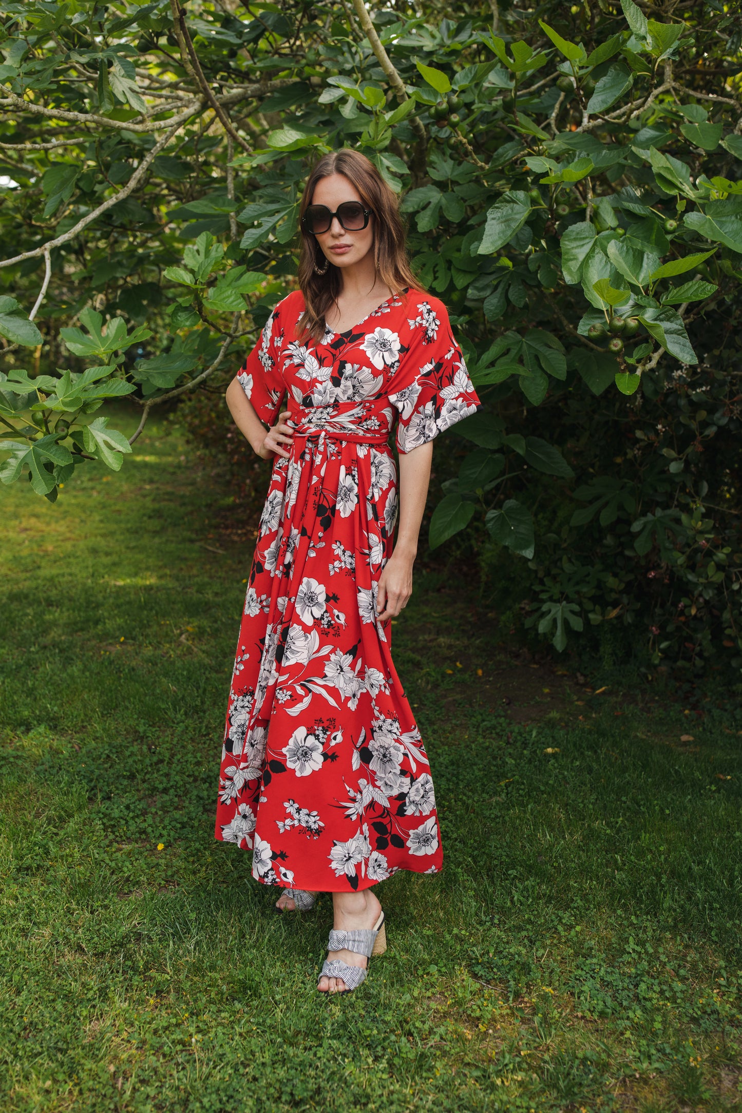 jennafer grace Flora Roja Wrap Maxi Dress bold true red with white black floral flower print opaque short sleeve maxi wrap dress boho bohemian hippie romantic whimsical summer spring wedding guest handmade in California USA