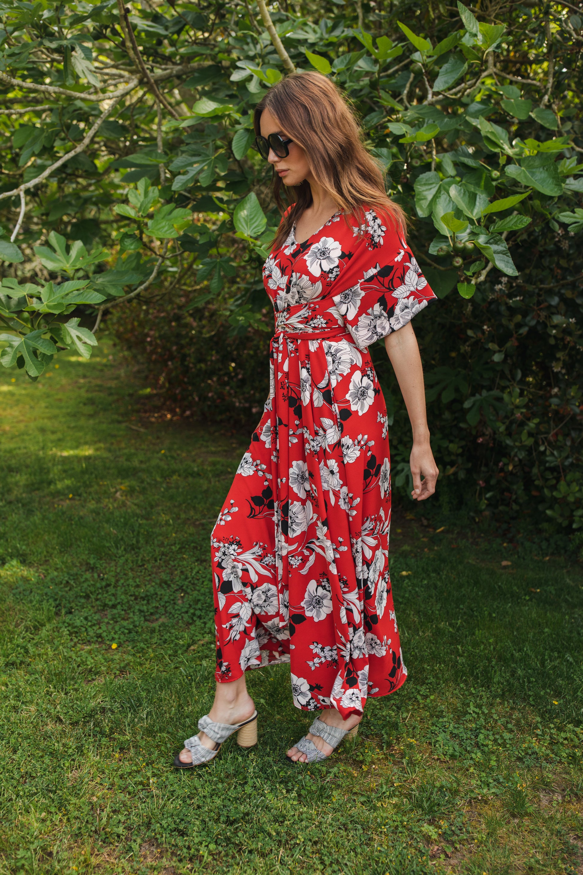 jennafer grace Flora Roja Wrap Maxi Dress bold true red with white black floral flower print opaque short sleeve maxi wrap dress boho bohemian hippie romantic whimsical summer spring wedding guest handmade in California USA