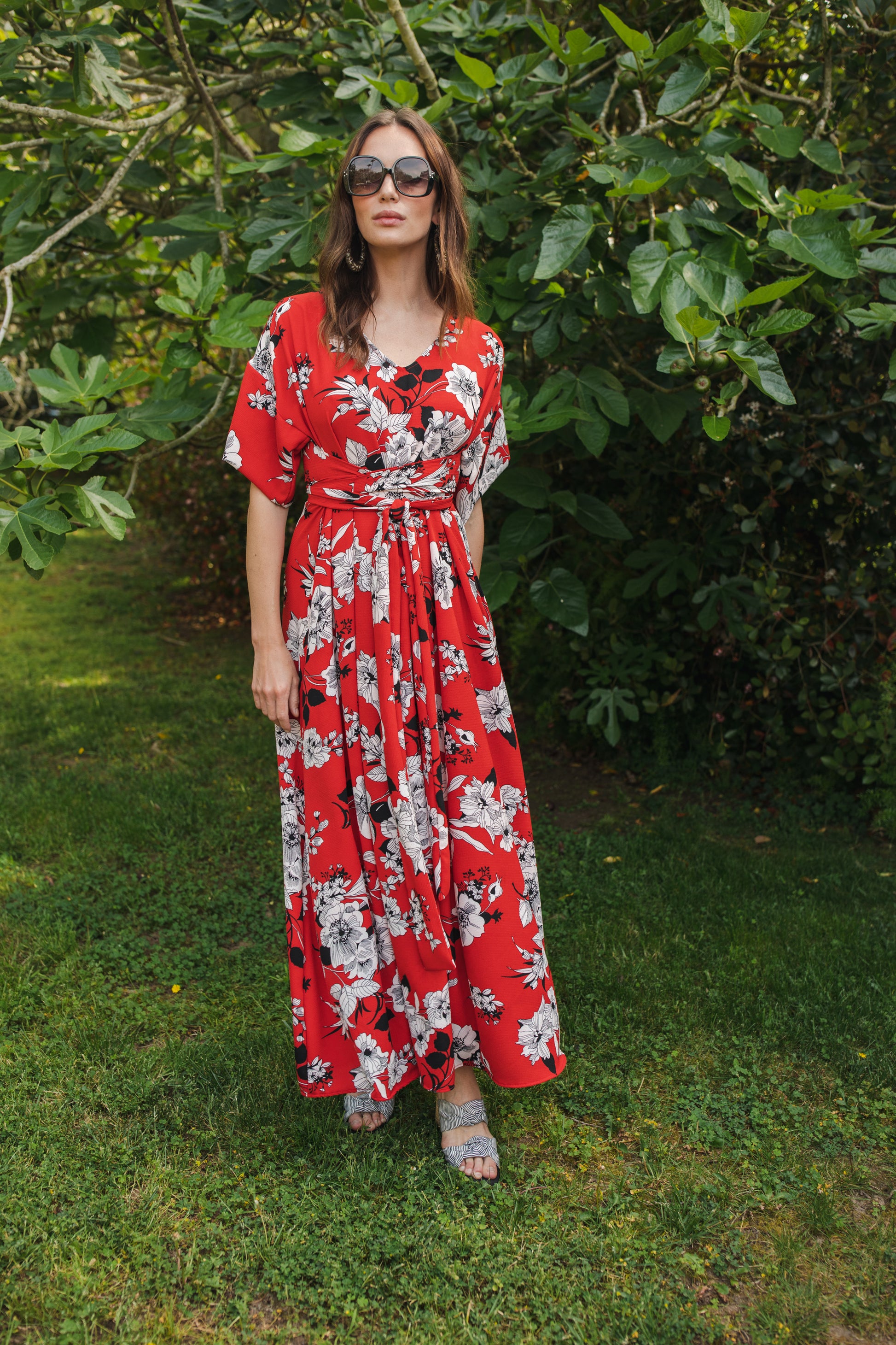 jennafer grace Flora Roja Wrap Maxi Dress bold true red with white black floral flower print opaque short sleeve maxi wrap dress boho bohemian hippie romantic whimsical summer spring wedding guest handmade in California USA