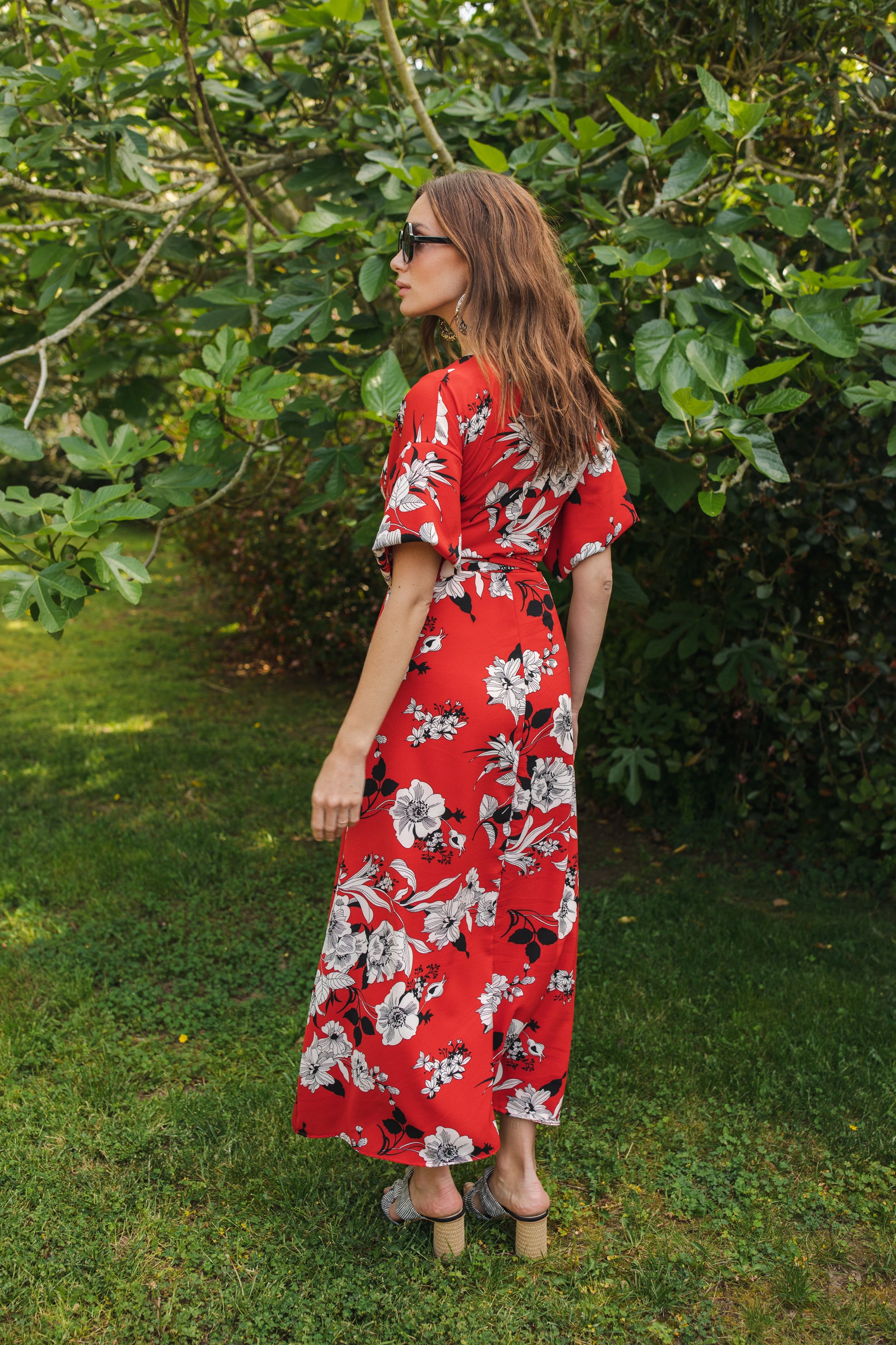 jennafer grace Flora Roja Wrap Maxi Dress bold true red with white black floral flower print opaque short sleeve maxi wrap dress boho bohemian hippie romantic whimsical summer spring wedding guest handmade in California USA