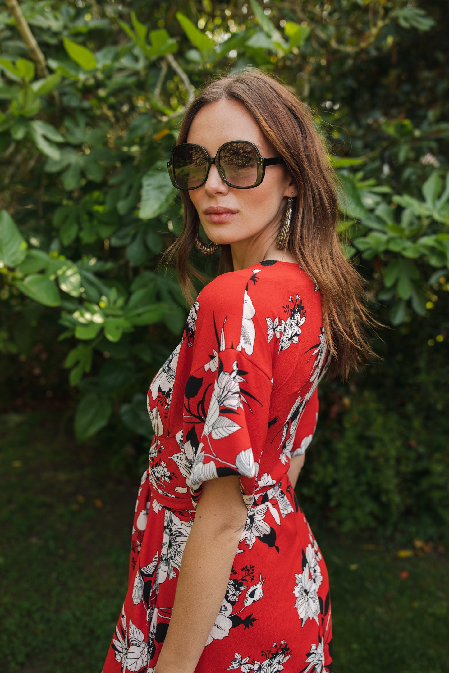 jennafer grace Flora Roja Wrap Maxi Dress bold true red with white black floral flower print opaque short sleeve maxi wrap dress boho bohemian hippie romantic whimsical summer spring wedding guest handmade in California USA