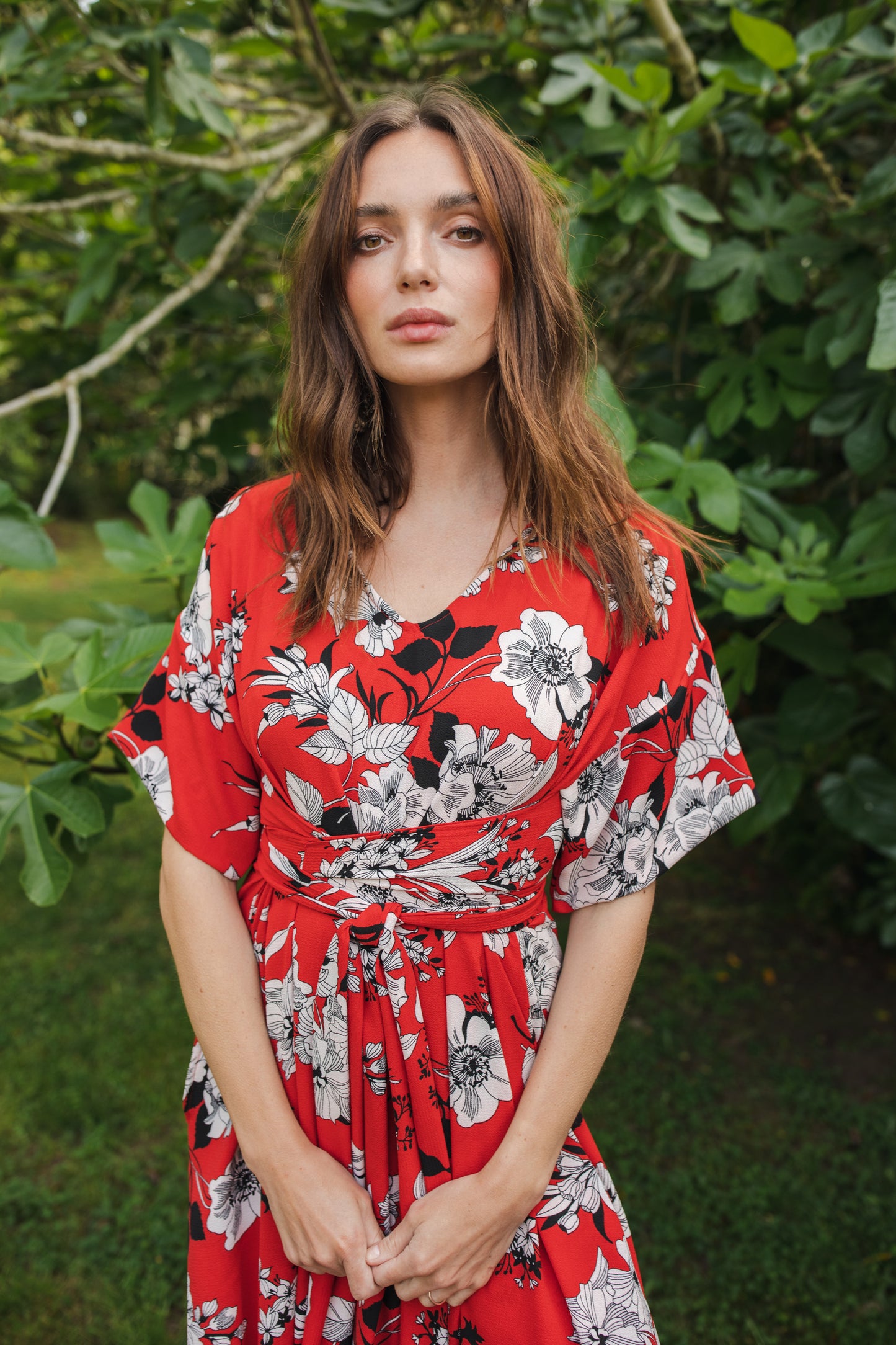 jennafer grace Flora Roja Wrap Maxi Dress bold true red with white black floral flower print opaque short sleeve maxi wrap dress boho bohemian hippie romantic whimsical summer spring wedding guest handmade in California USA