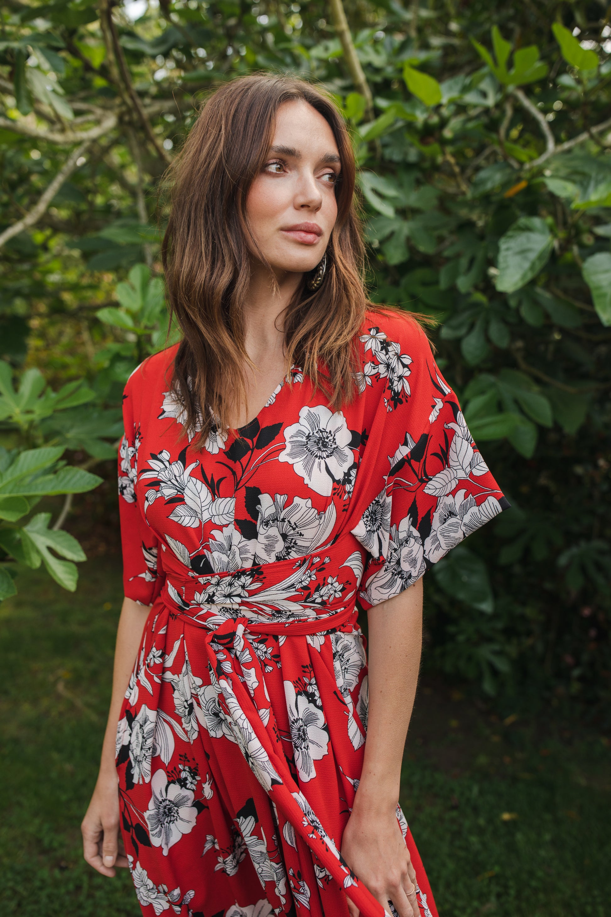 jennafer grace Flora Roja Wrap Maxi Dress bold true red with white black floral flower print opaque short sleeve maxi wrap dress boho bohemian hippie romantic whimsical summer spring wedding guest handmade in California USA