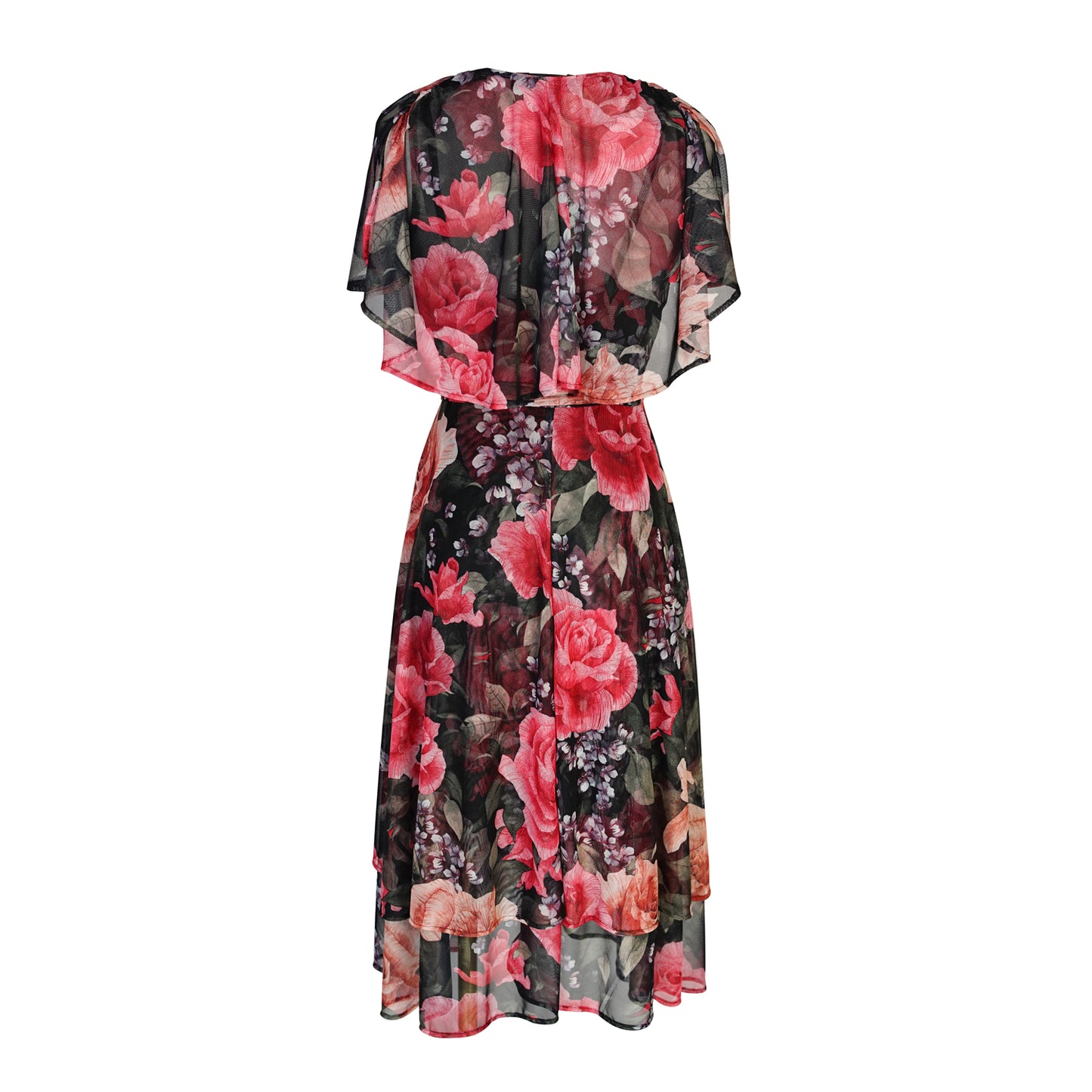 jennafer grace Rosalina Flutter Wrap Dress black mesh with floral dusty blush rose pink coral pink and sage green flower print v-neck cinched waist midi dress boho bohemian hippie romantic whimsical handmade in California USA