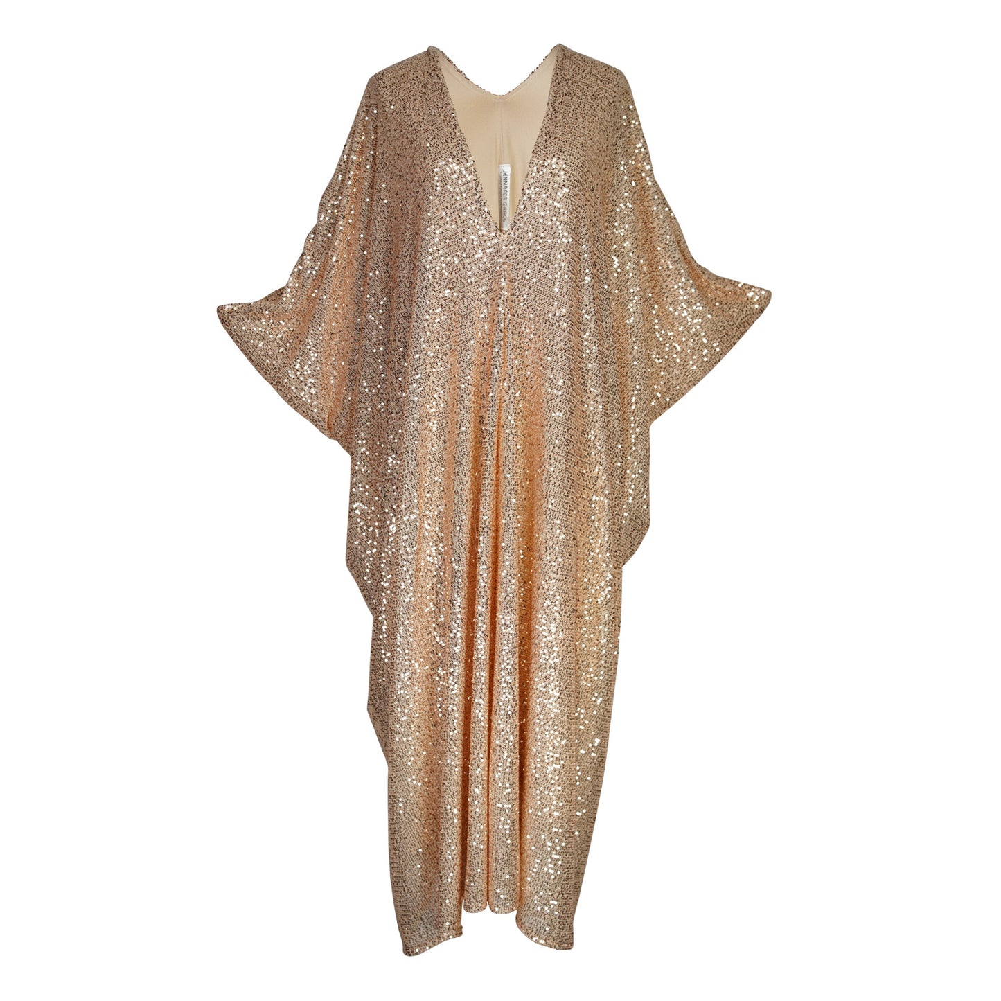 Semi-sheer, lined, shimmering sequin caftan dress in champagne rose gold. Elegant bohemian in style.