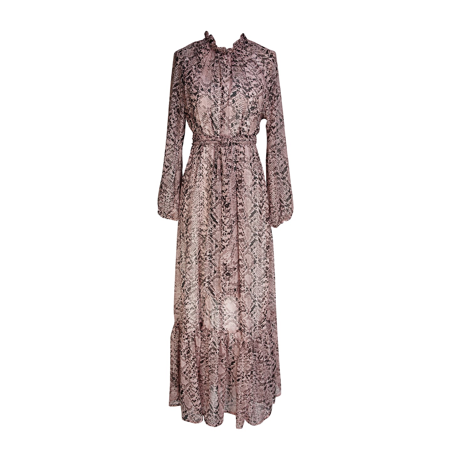 jennafer grace Rosey Boa Raglan Maxi Dress semi-sheer mauve pink with black snakeskin print long sleeve dress with high neck cinched waist tie tiered skirt bishop sleeve evening boho bohemian hippie romantic whimsical handmade in California USA