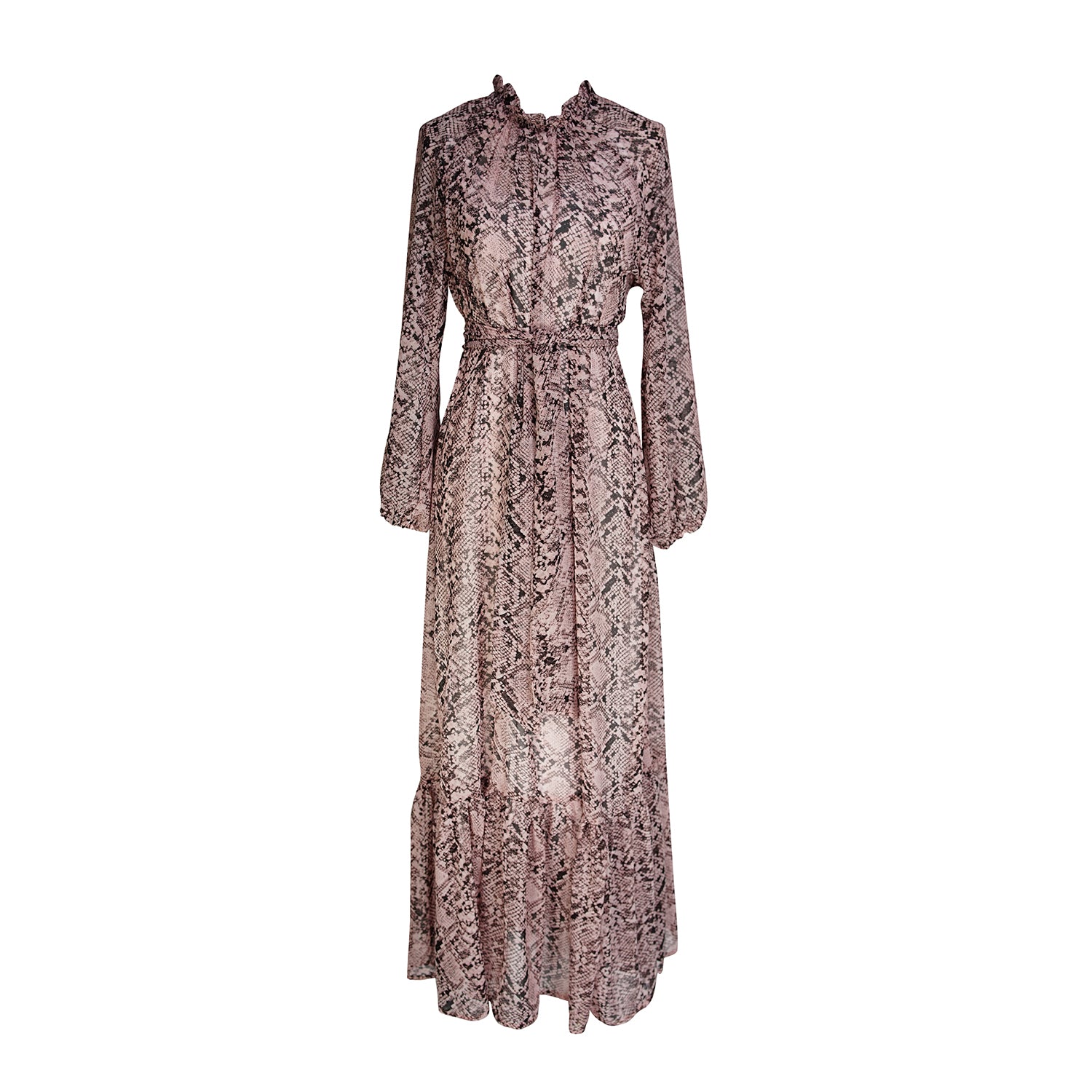 jennafer grace Rosey Boa Raglan Maxi Dress semi-sheer mauve pink with black snakeskin print long sleeve dress with high neck cinched waist tie tiered skirt bishop sleeve evening boho bohemian hippie romantic whimsical handmade in California USA