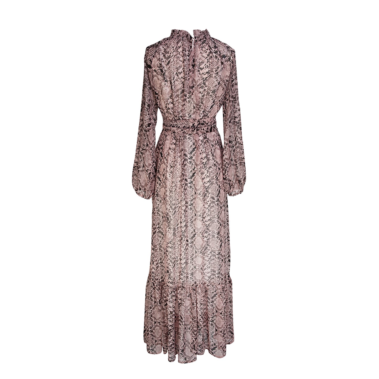 jennafer grace Rosey Boa Raglan Maxi Dress semi-sheer mauve pink with black snakeskin print long sleeve dress with high neck cinched waist tie tiered skirt bishop sleeve evening boho bohemian hippie romantic whimsical handmade in California USA